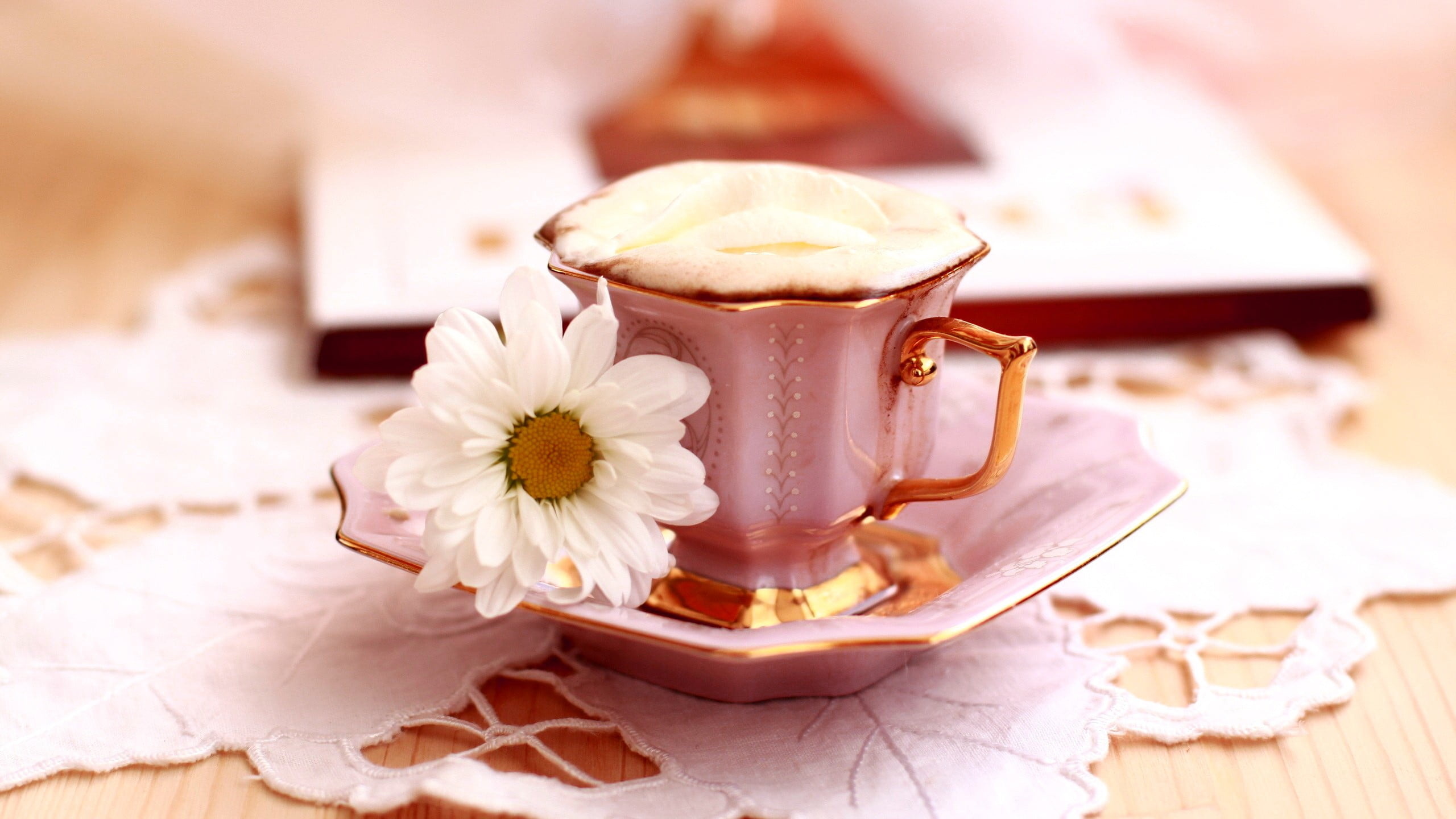 Pink teacup and, Saucer food coffee, Flowers cup HD, Wallpaper, 2560x1440 HD Desktop
