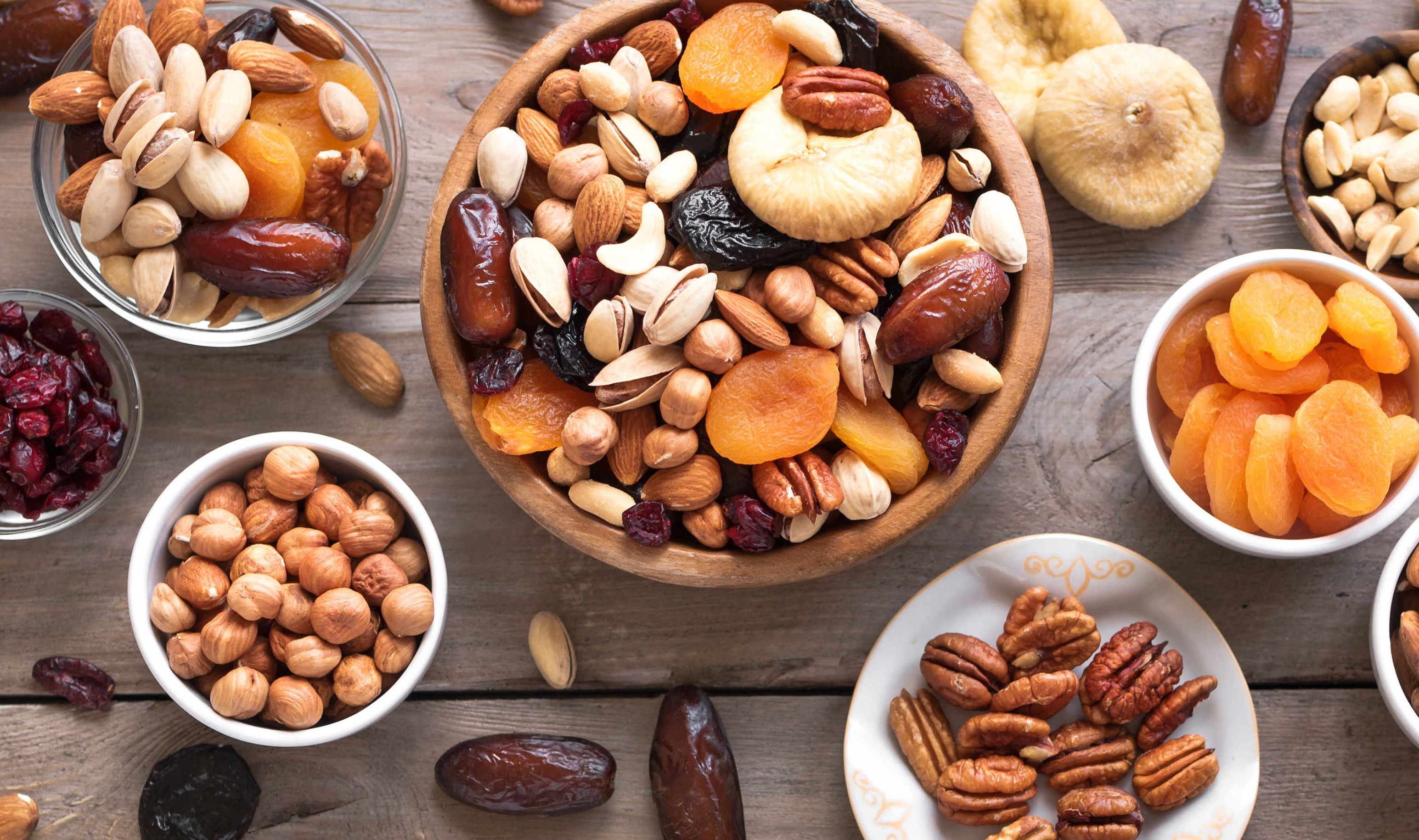 Dried Fruits: Almonds, Cashews, Pistachios, Rich in plant compounds with protective antioxidant properties. 3090x1830 HD Background.