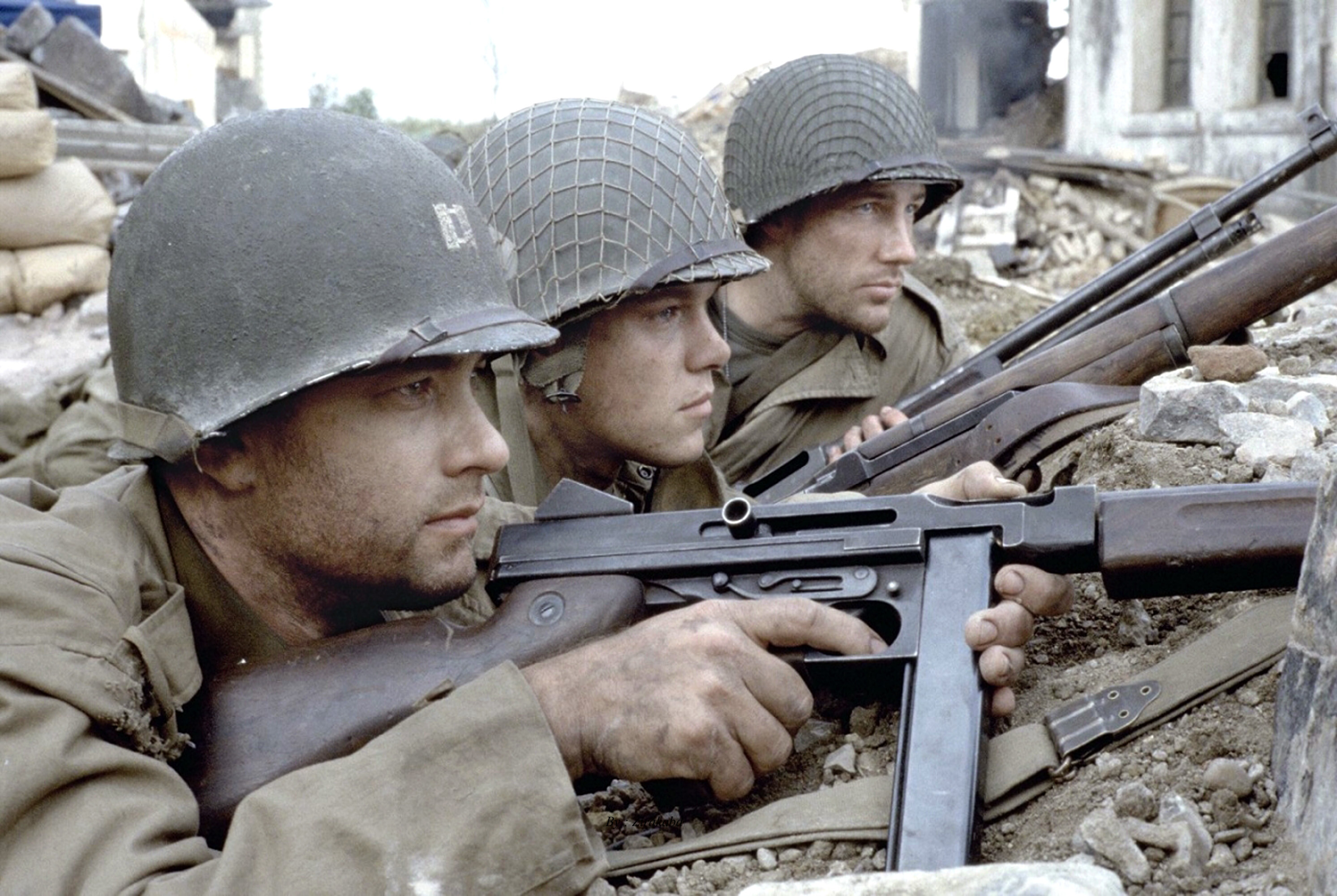 Saving Private Ryan: Soldiers, Tom Hanks, Matt Damon and Edward Burns, 1998 movie. 2990x2000 HD Background.