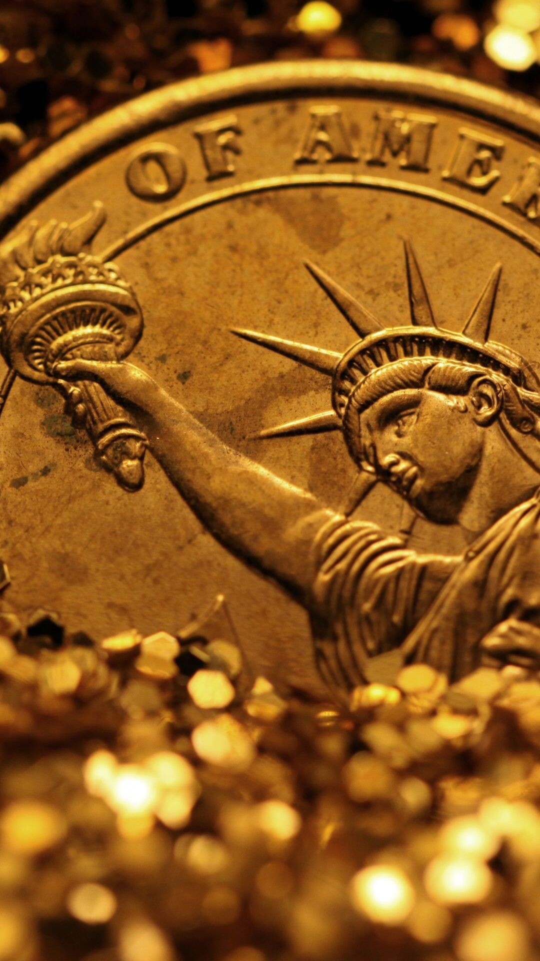 Gold Coins: The obverse design, Statue of Liberty commemorative coin issued by American Mint. 1080x1920 Full HD Background.