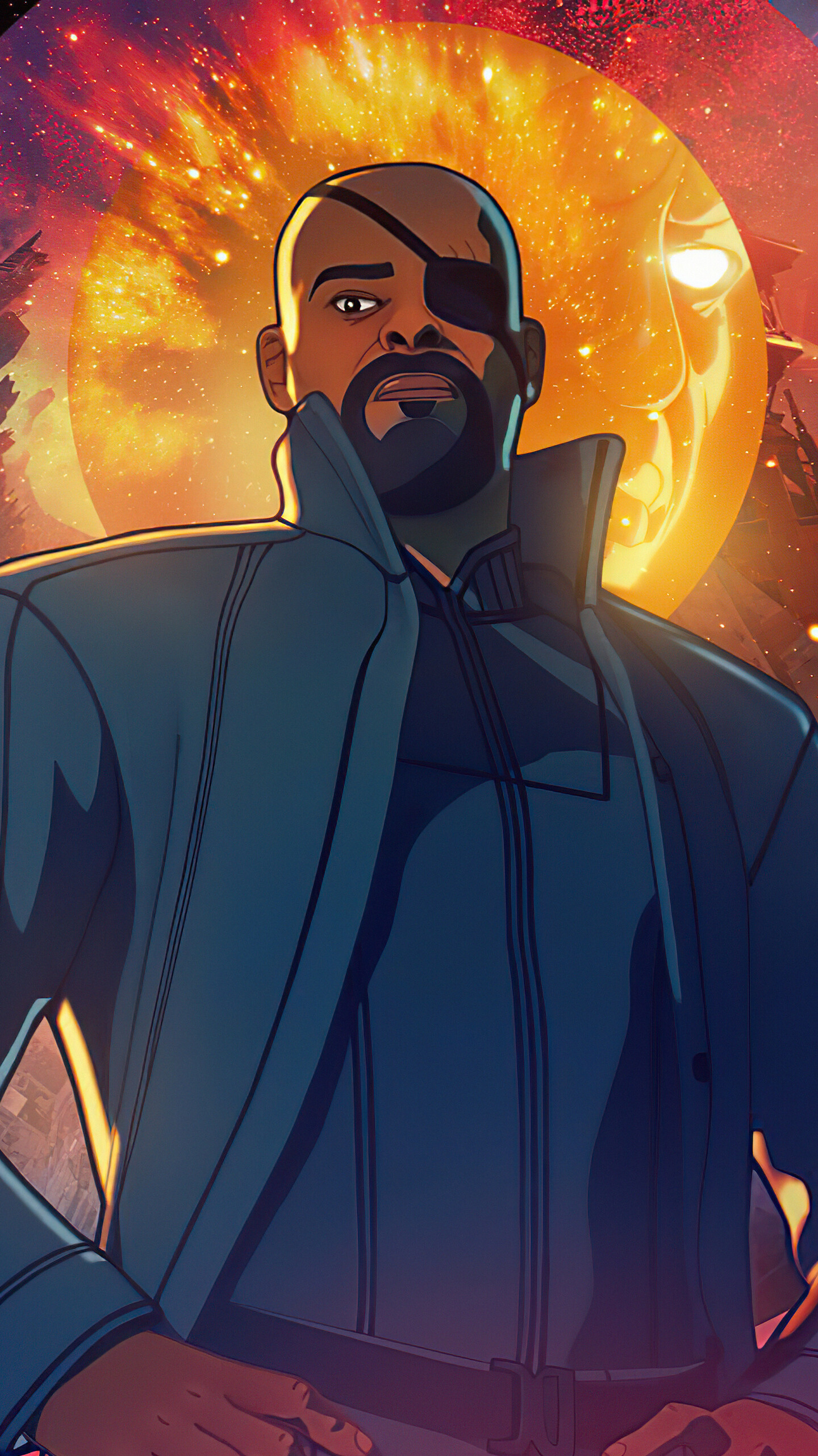 What If...?: Nick Fury, the Director of S.H.I.E.L.D. and the man behind the Avengers Initiative. 1440x2560 HD Background.