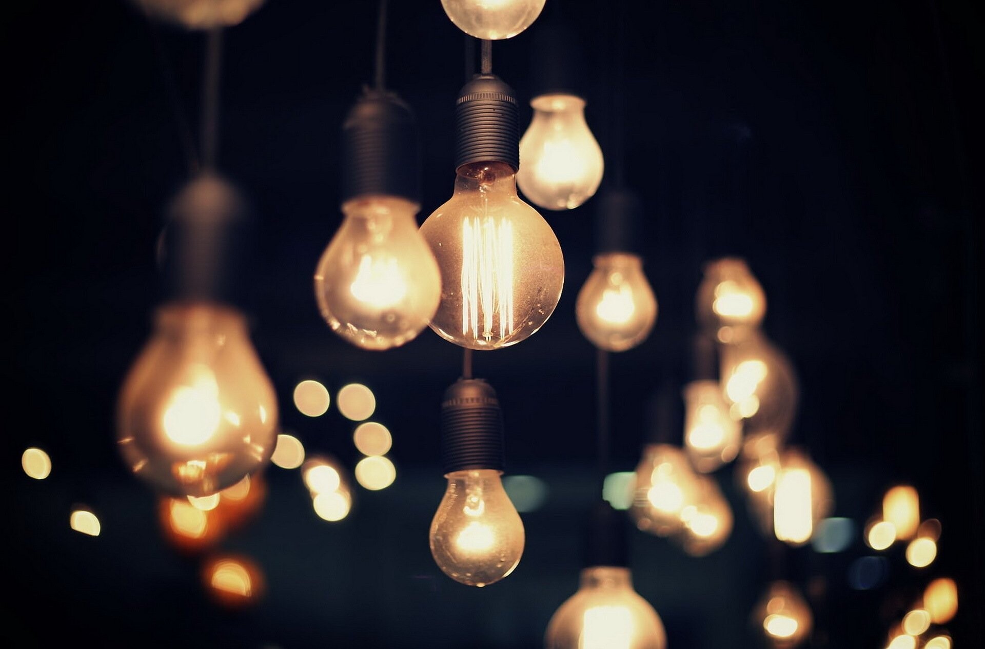 Gold Lights: Edison bulbs, Hanging decorative lights, Aesthetic, Out-of-focus blur effect. 1920x1270 HD Background.