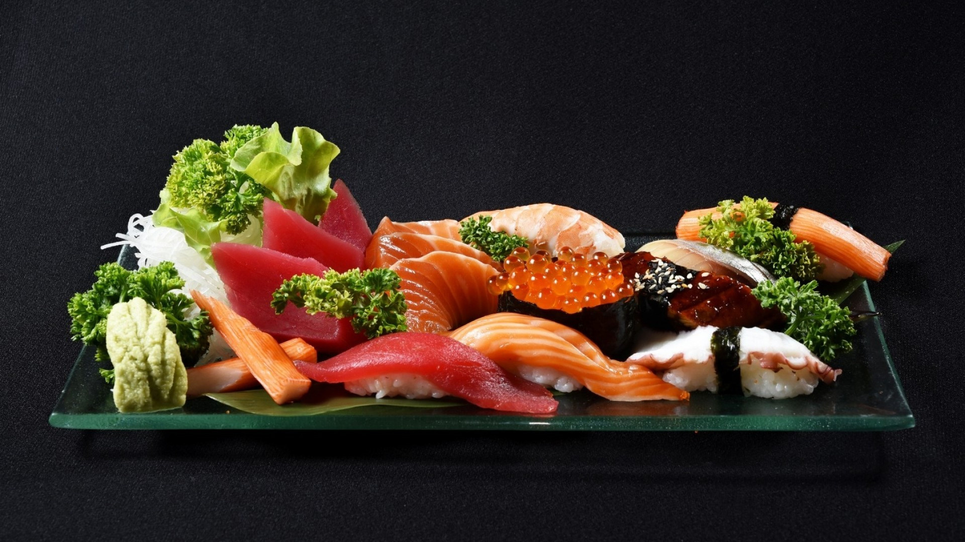 Sushi: Nigiri, A slice of fish or seafood placed on rice, Caviar. 1920x1080 Full HD Background.