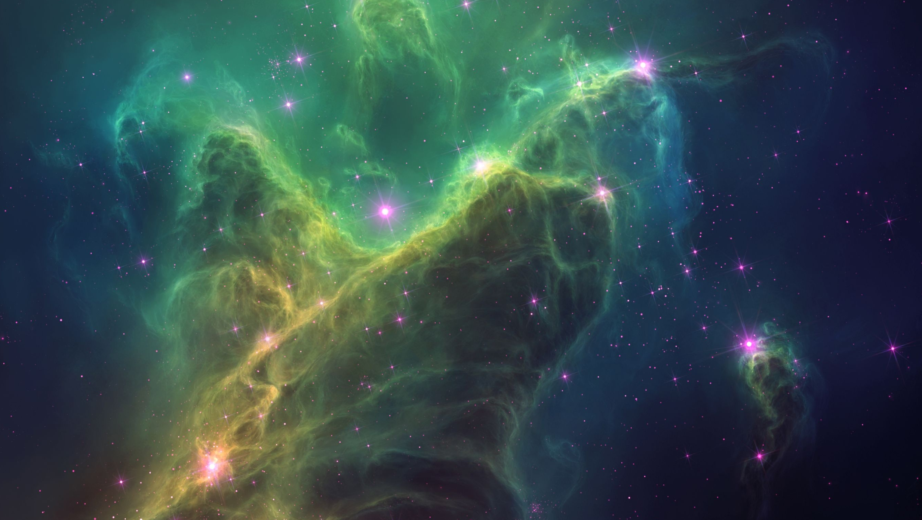 Green Nebula: Elephant trunks, A type of interstellar matter formations found in molecular clouds. 3000x1700 HD Wallpaper.