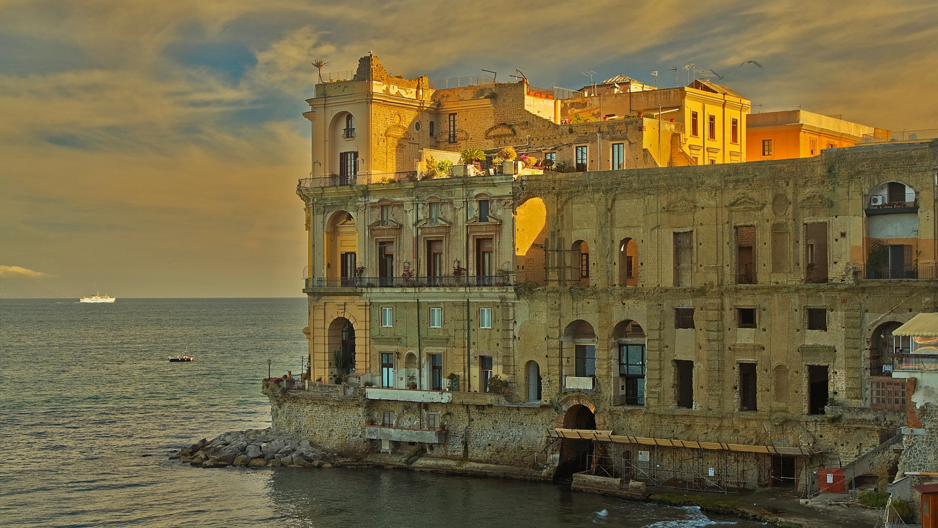 Sea, Naples palace, Historic architecture, Donna Anna's legacy, 1920x1080 Full HD Desktop