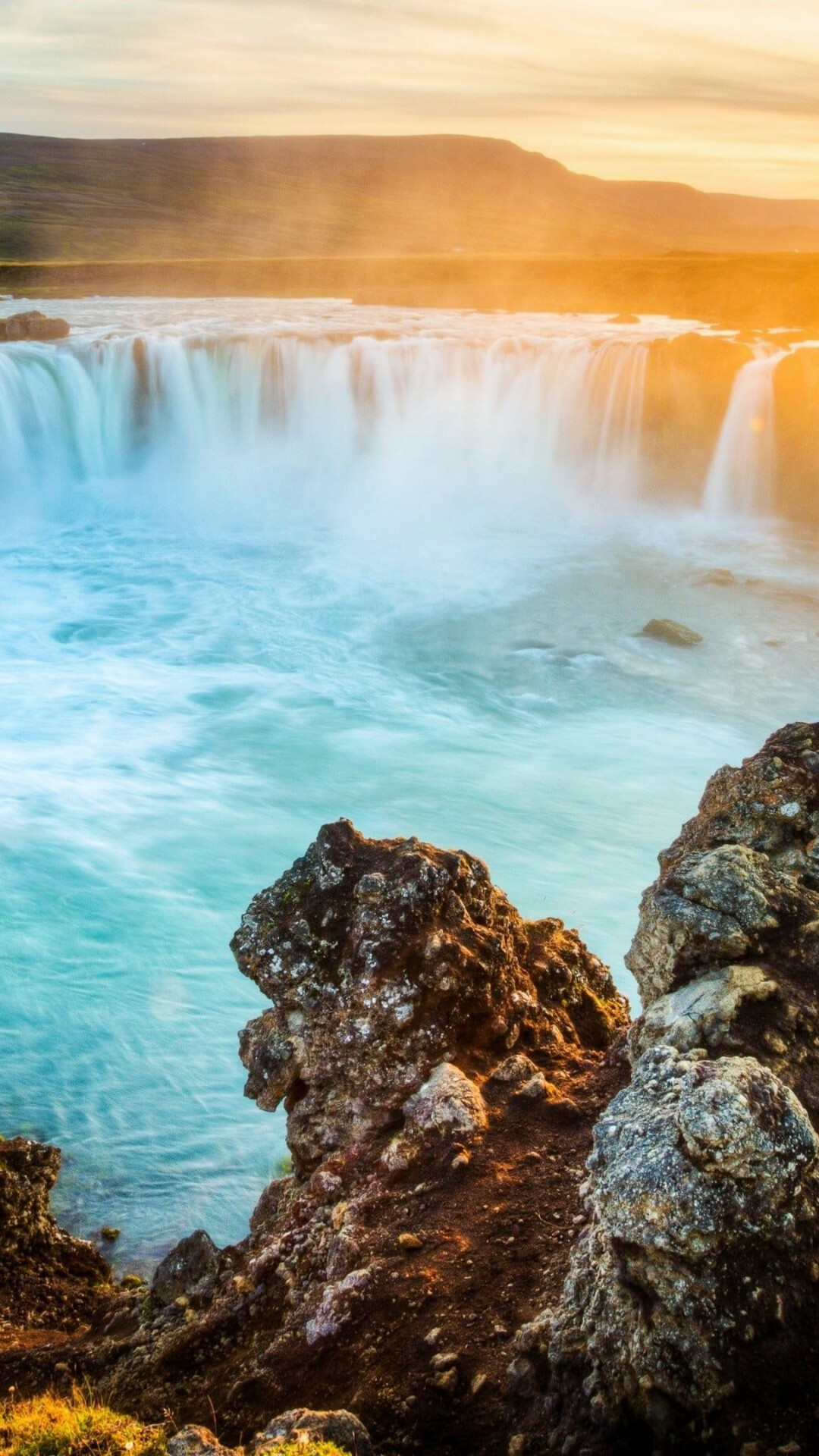 Waterfall: Godafoss, Formed from a process called erosion. 1080x1920 Full HD Wallpaper.