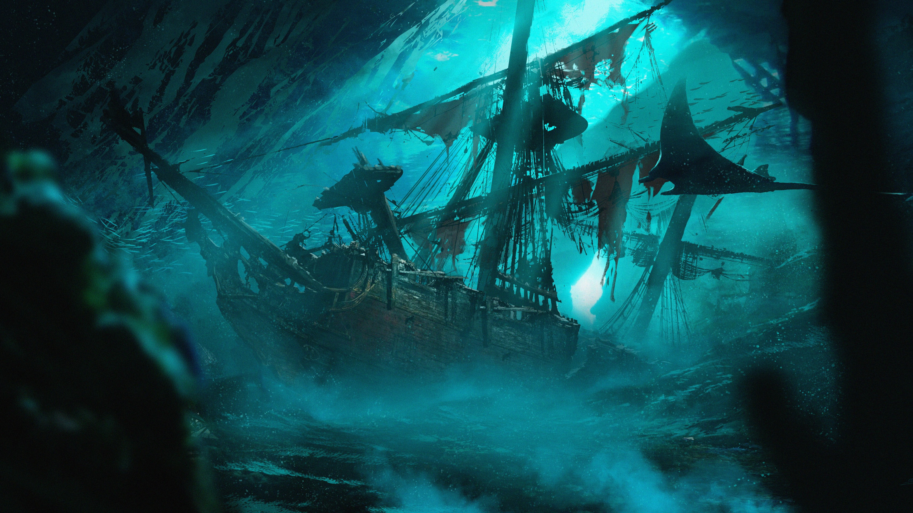 Ghost Ship: The Flying Dutchman, A legendary phantom vessel, allegedly never able to make port, but doomed to sail the oceans forever. 3840x2160 4K Background.