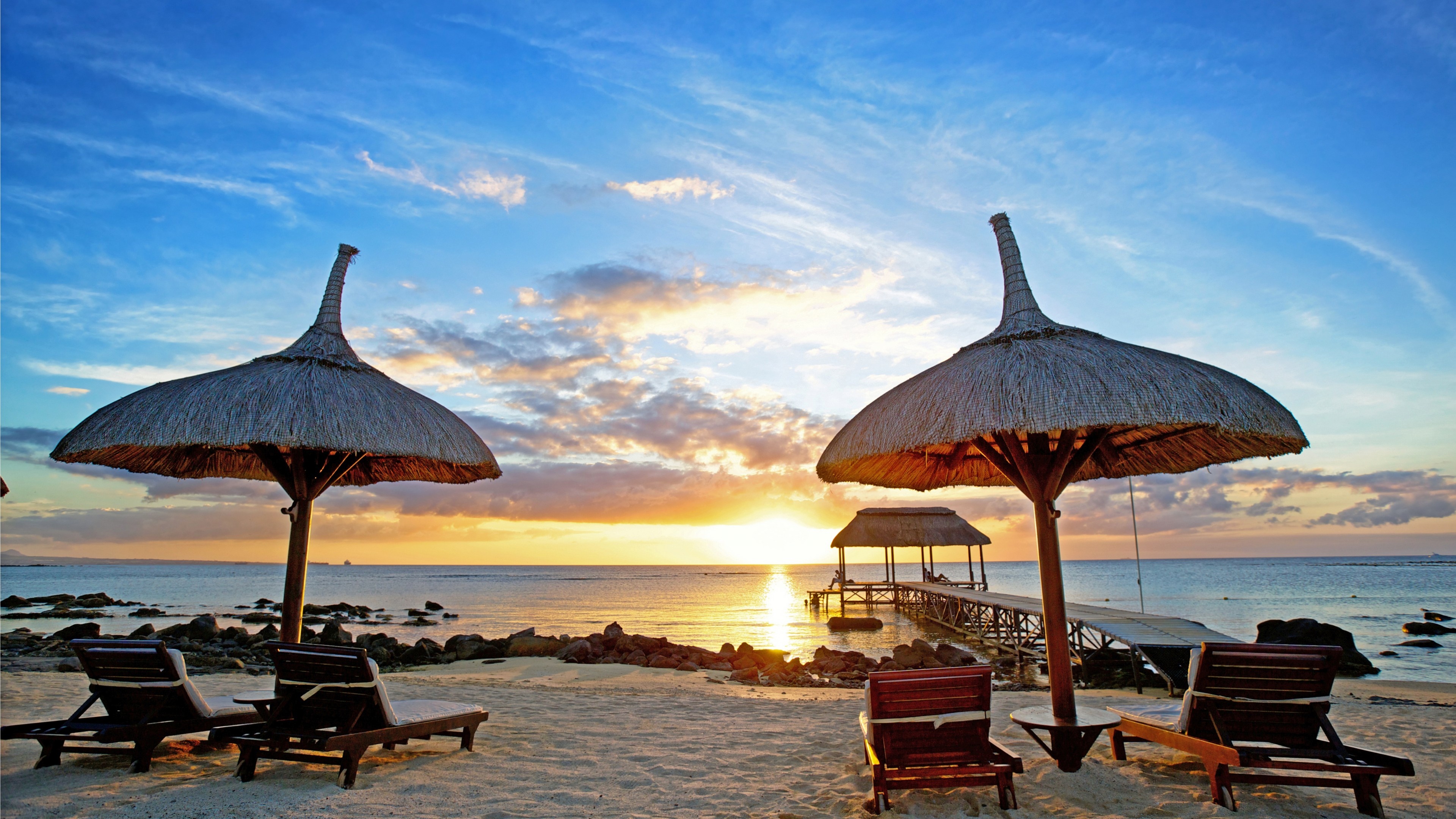 Beach Umbrella: Mauritius, Sunset, Indian Ocean, A bell-shaped canopy. 3840x2160 4K Wallpaper.