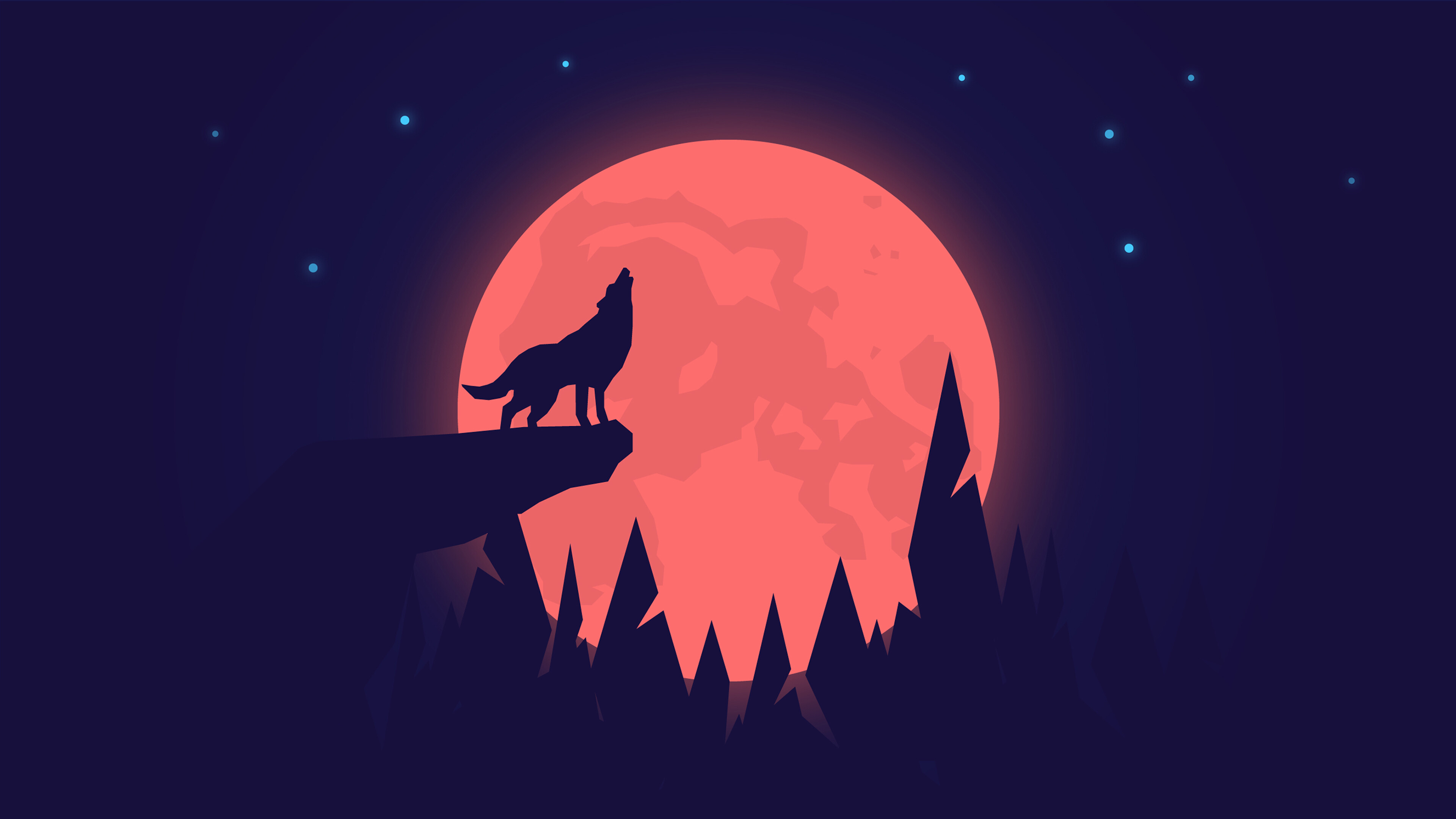 Wolf: Howling on Full Moon, Art, Minimalism, Terrestrial animal. 3840x2160 4K Background.