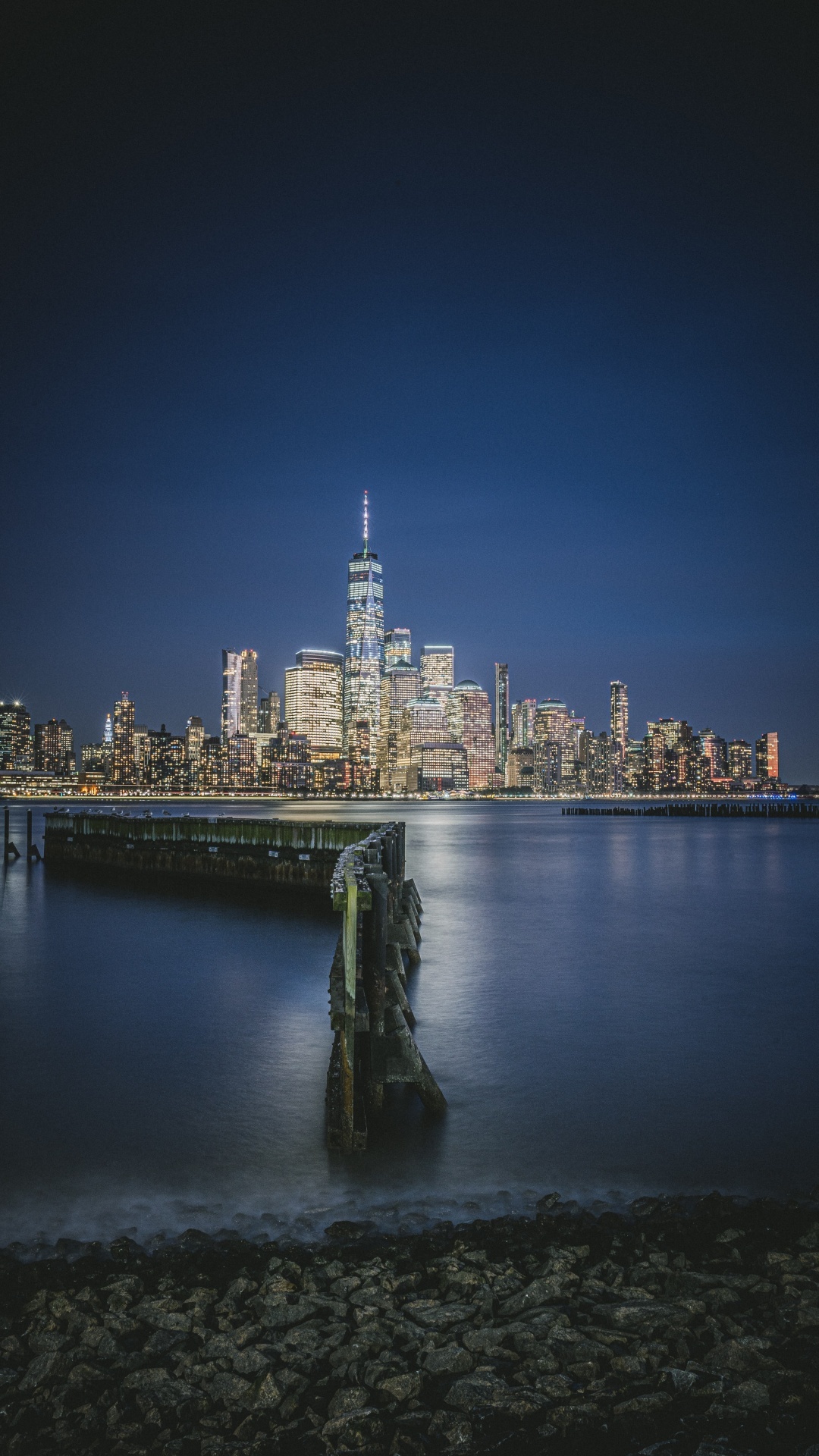 Hudson river waterfront walkway, Jersey City cityscape, Night city lights, World, 1080x1920 Full HD Handy