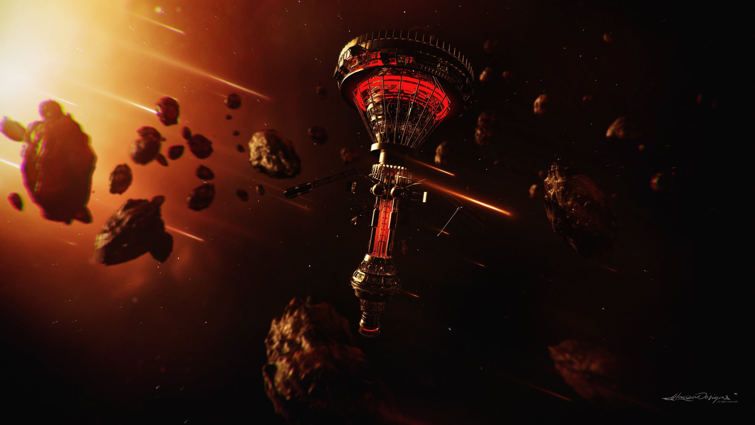 Mass Effect 3: Omega, Red and gray tower, Graphic art, Gaming, 2560x1440 HD Desktop
