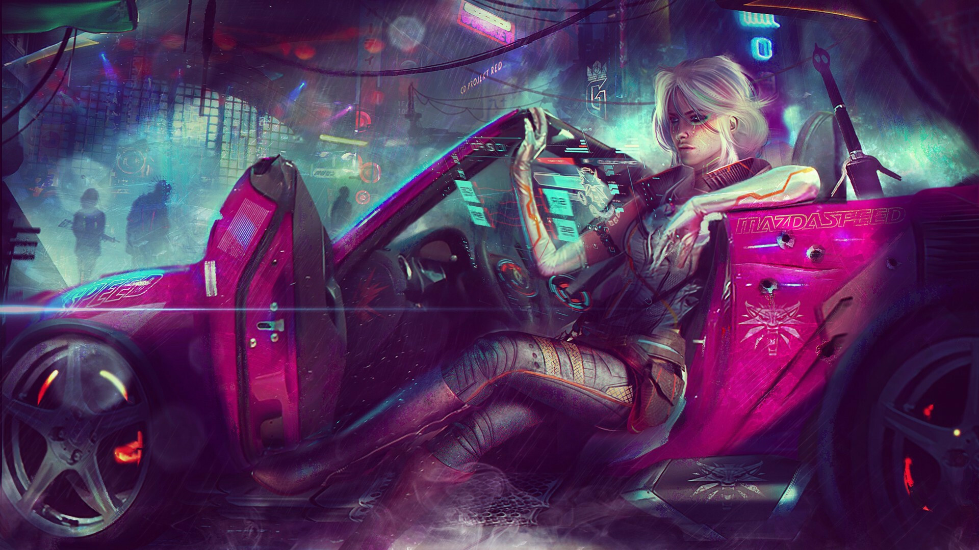 Cyberpunk 2077: Sci-fi Game, Futuristic Car, Neon Lights. 1920x1080 Full HD Background.