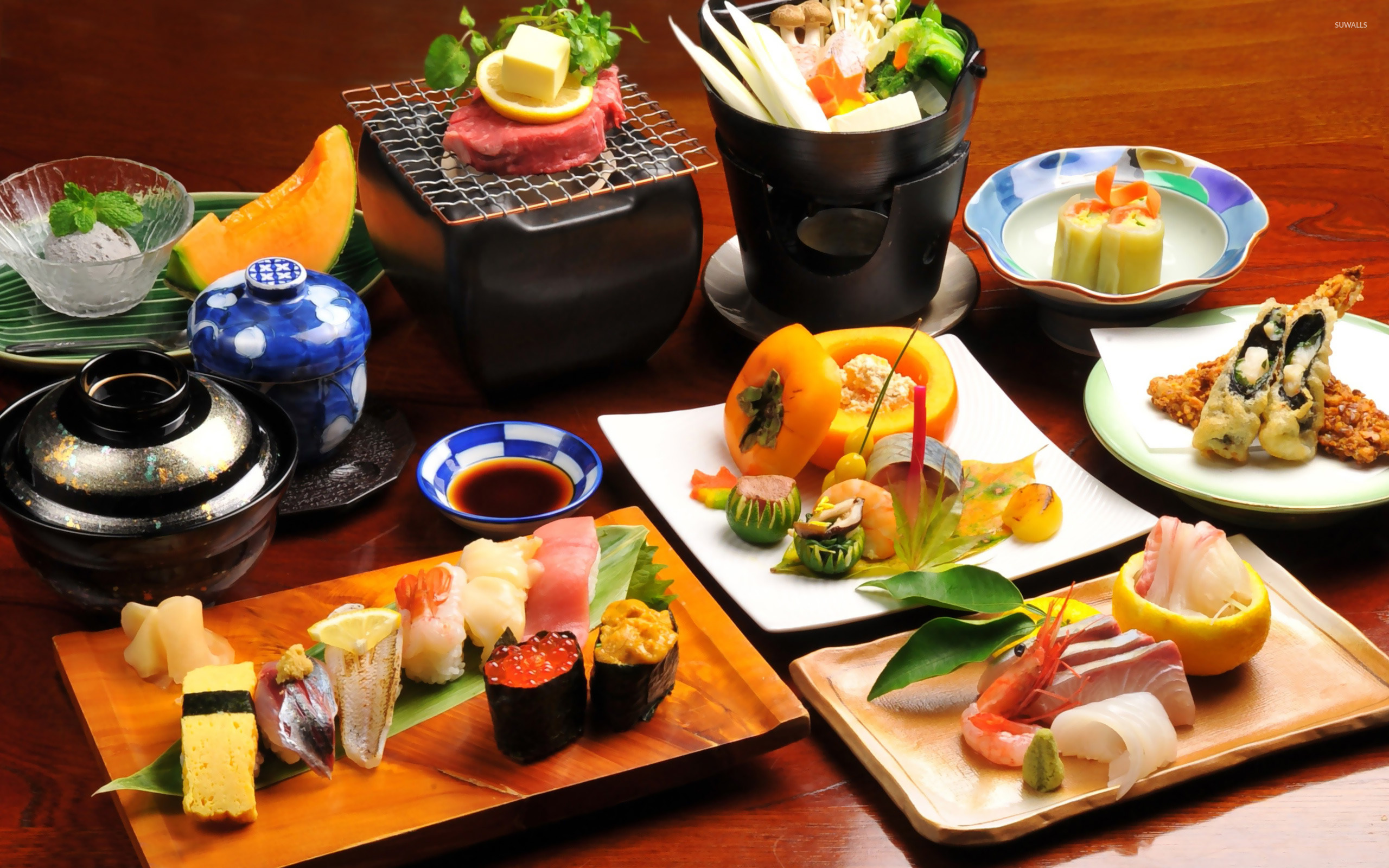 Sushi: Japanese dish featuring specially prepared rice and some types of fish or seafood. 2560x1600 HD Background.