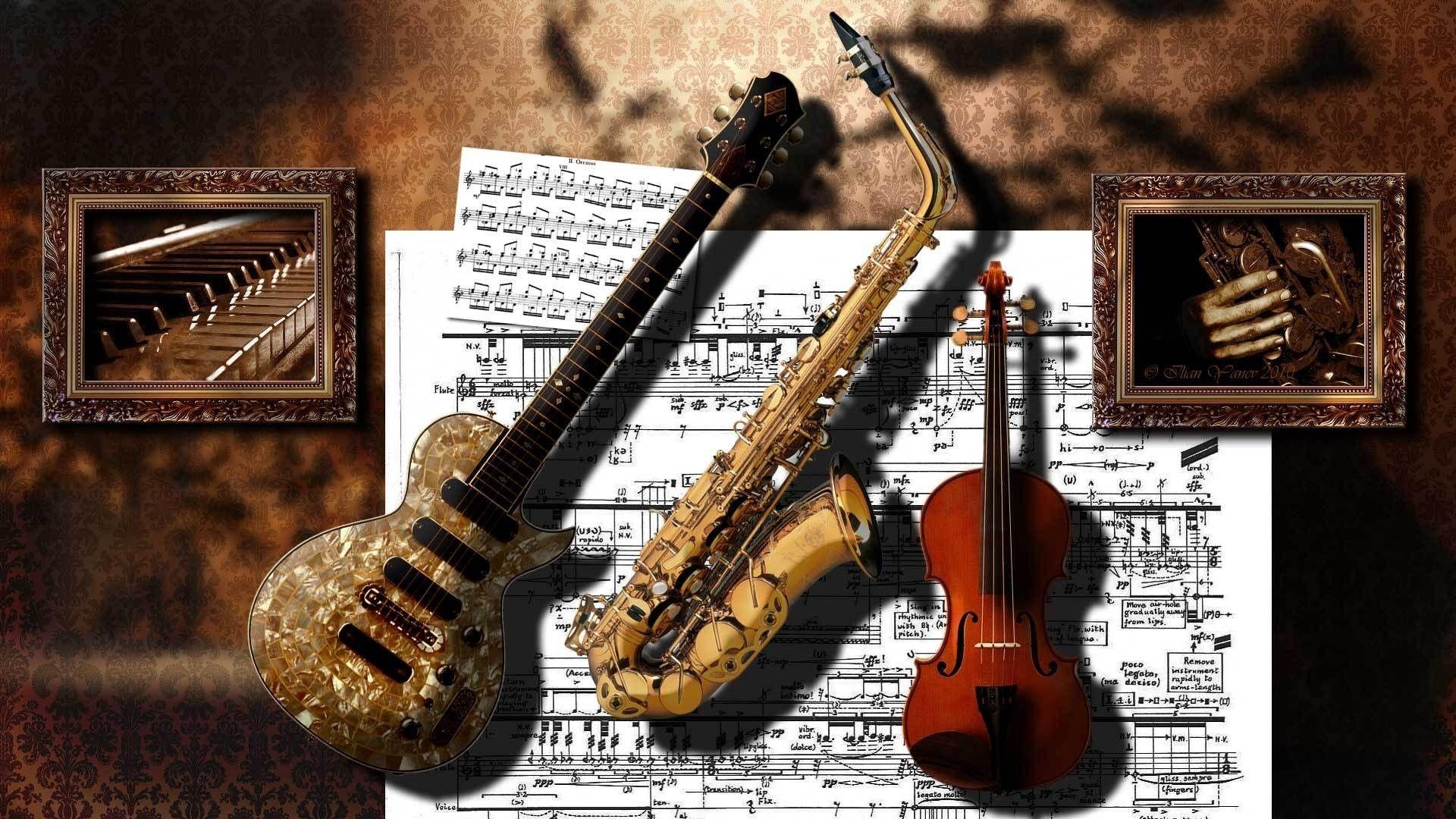 Musical Instruments: Instrumental music, The instruments for a musical ensemble, The guitar solo. 1920x1080 Full HD Background.