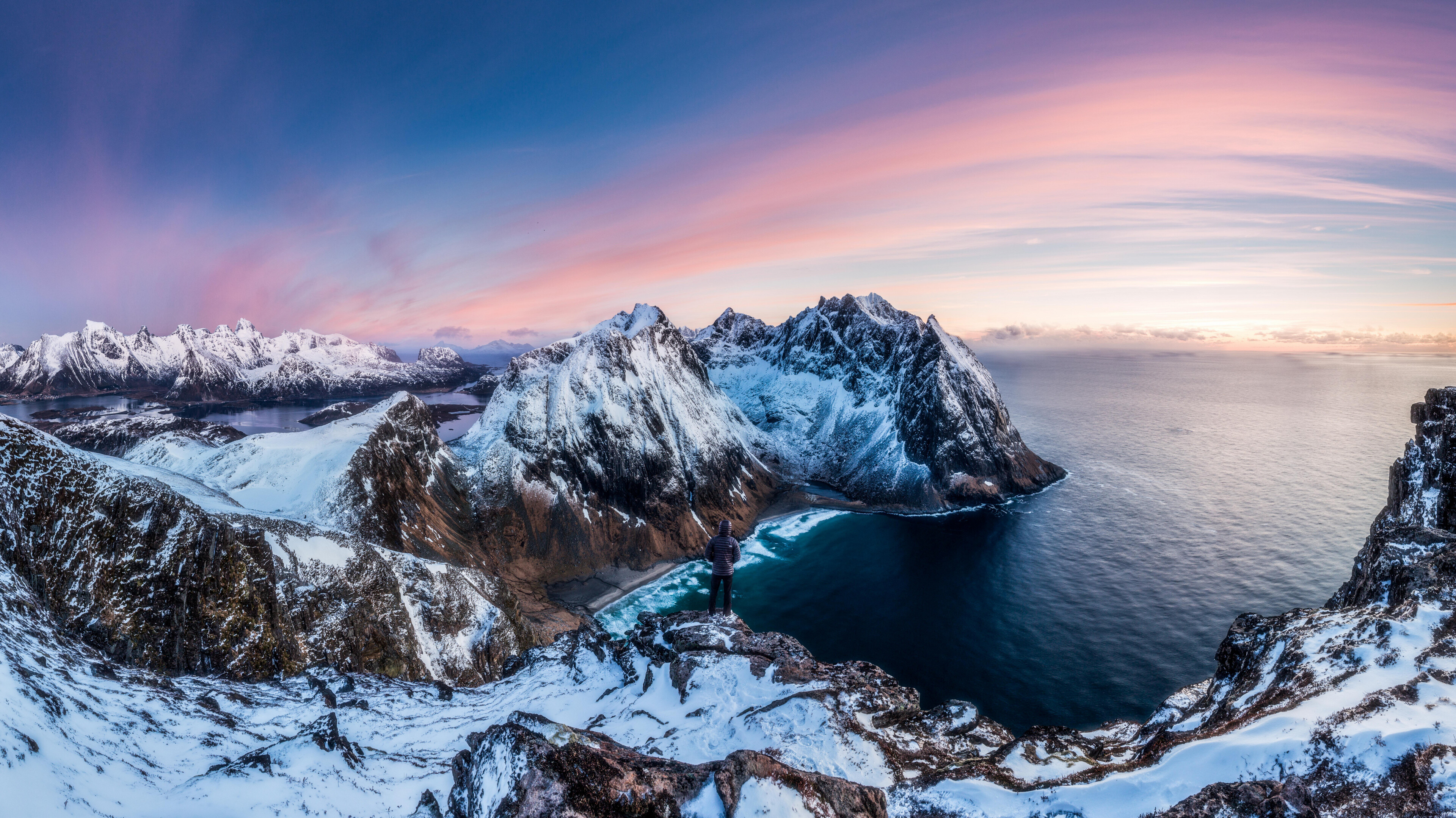 Glacier: Panorama, Ocean, Arctic coast, Sunset, Nature, Landscape, Mountain. 3840x2160 4K Background.