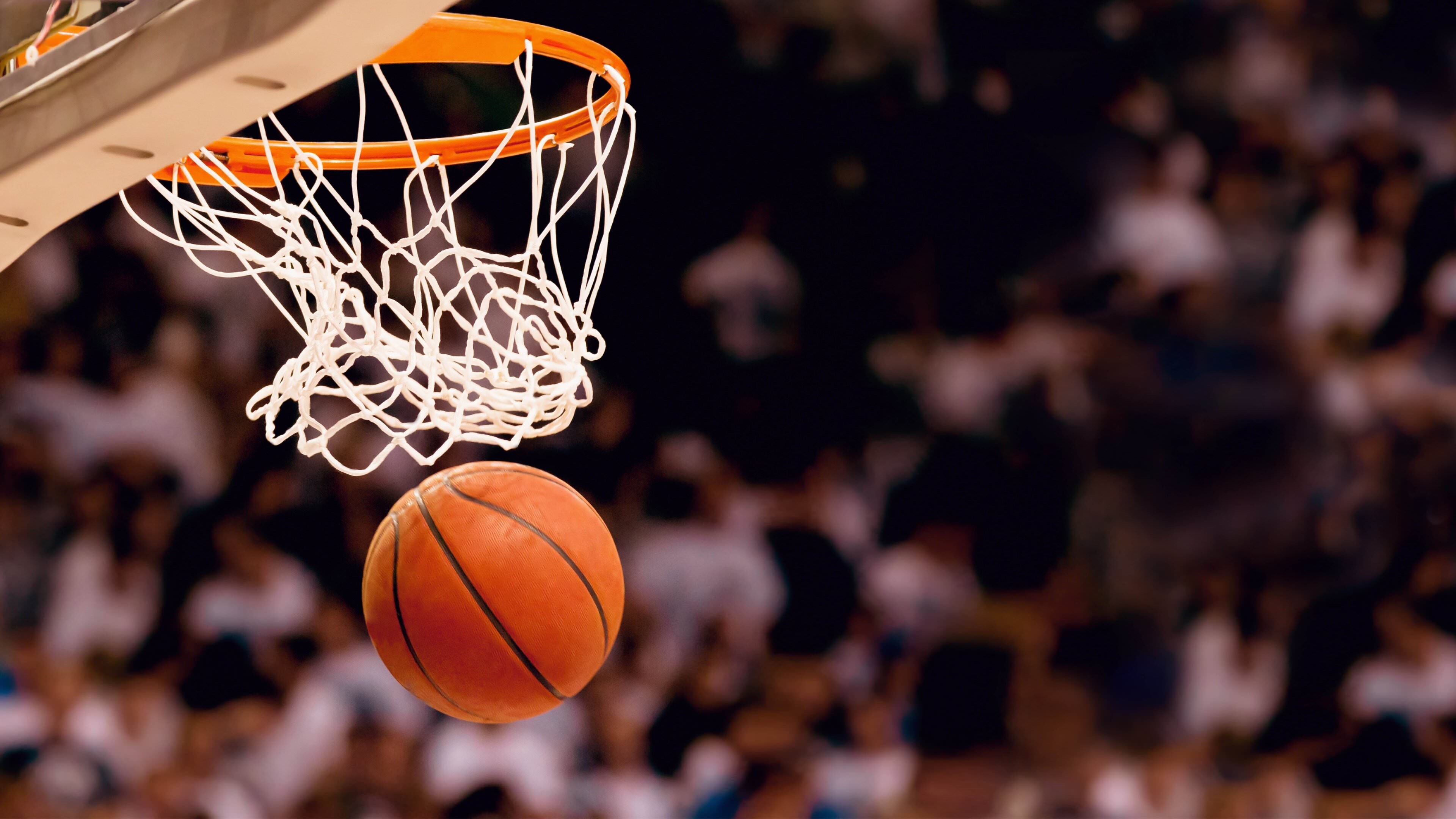 Goal (Sports): Basketball scoring shots, A spherical ball used in basketball games, National Basketball Association. 3840x2160 4K Wallpaper.