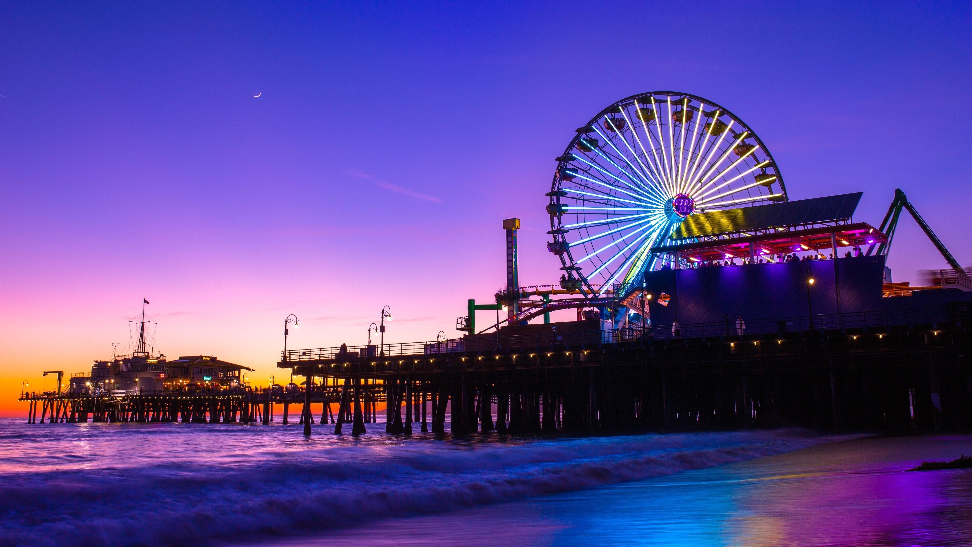 Fun Fair: Santa Monica Pier, A traveling carnival, Ferris wheel. 3840x2160 4K Background.