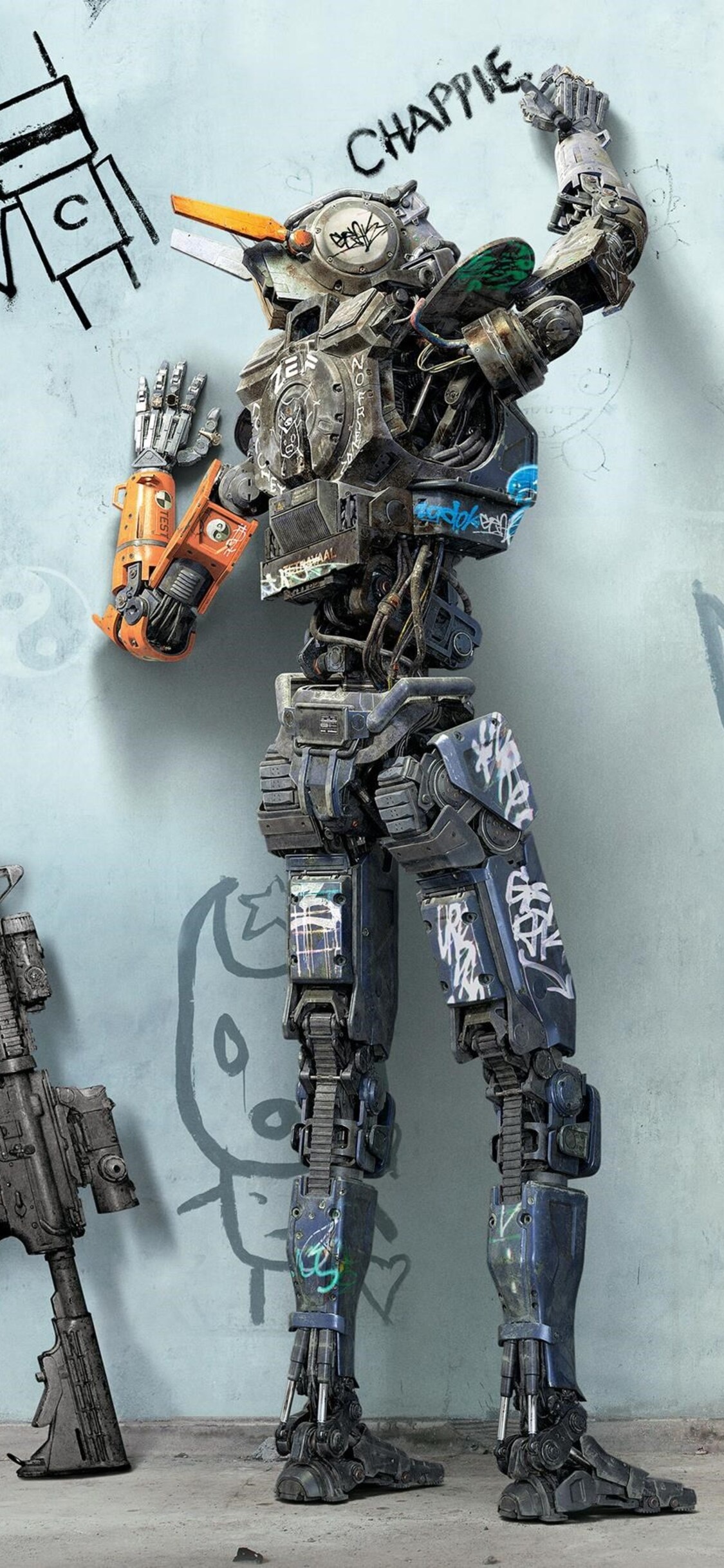 Chappie: A futuristic world patrolled by a robotic police force. 1130x2440 HD Wallpaper.
