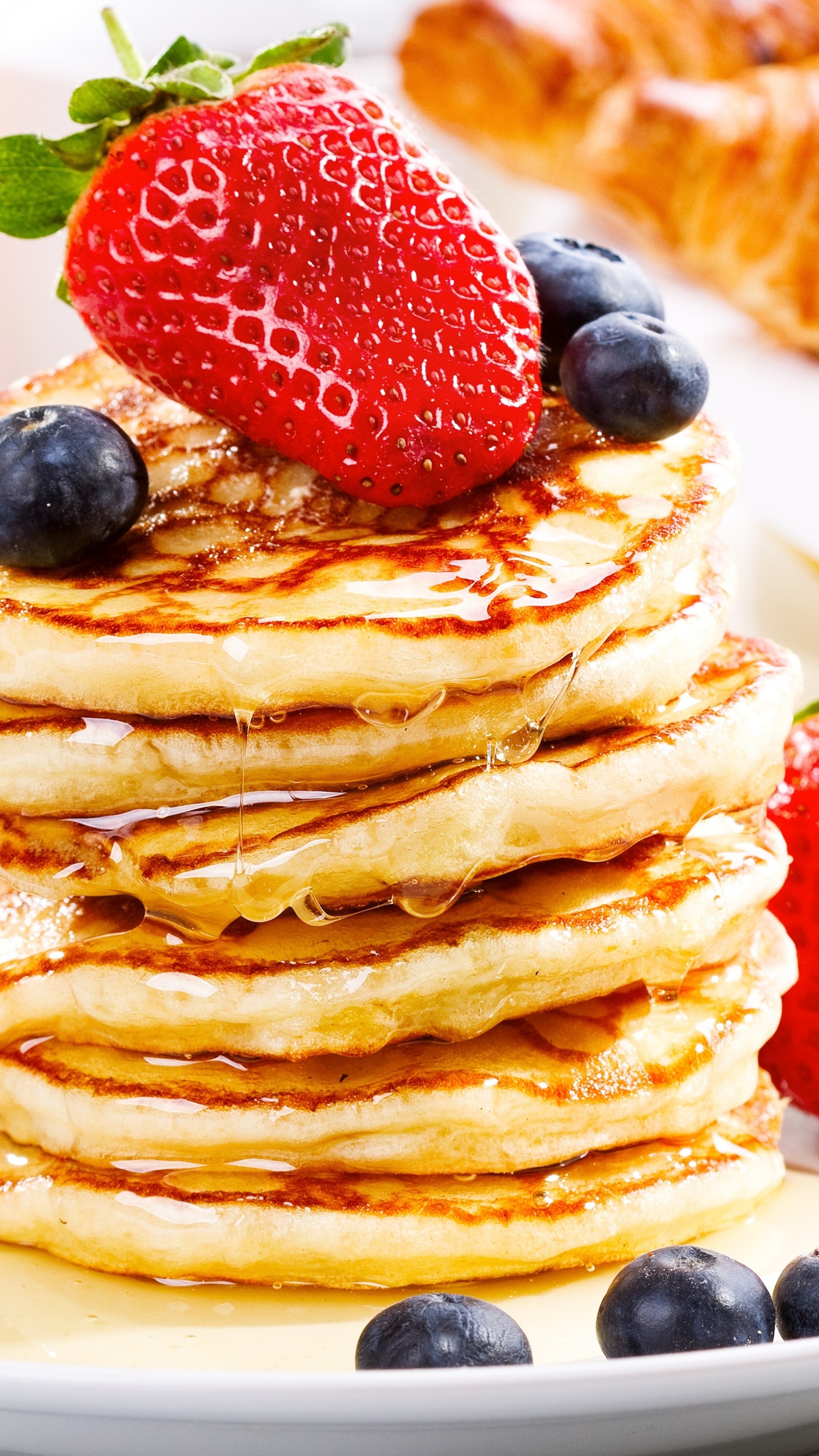 Pancake: American pancakes, Strawberry, Blueberry, Honey. 2160x3840 4K Wallpaper.