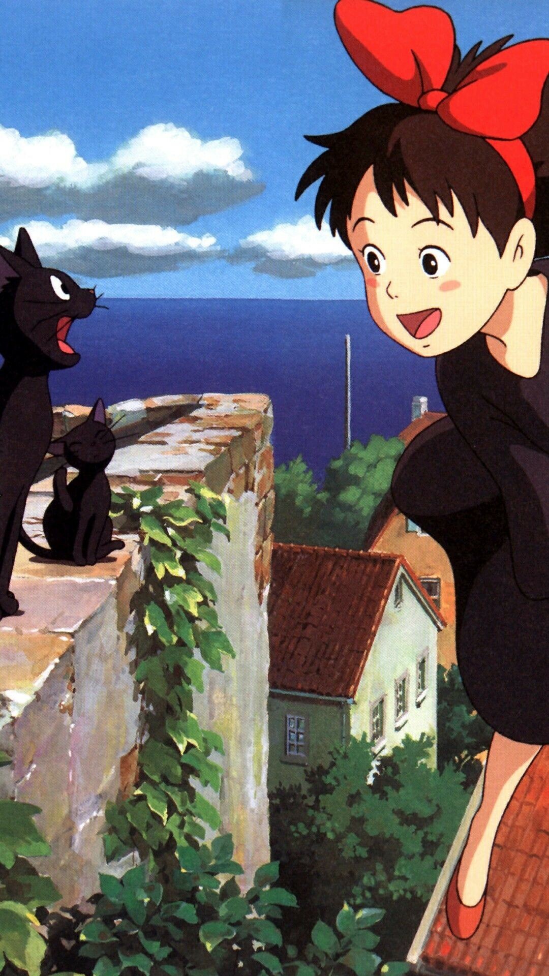 Kiki's Delivery Service: The main protagonist takes off for the big city with her best friend Jiji, a talkative black cat. 1080x1920 Full HD Wallpaper.