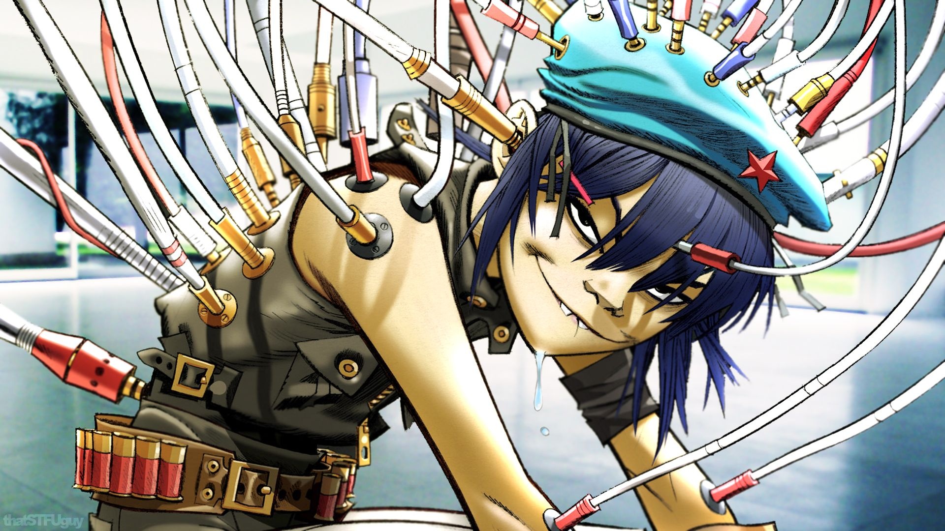 Noodle (Gorillaz): The character designed as the guitarist, occasional keyboardist, and backup vocalist, Animated group. 1920x1080 Full HD Background.