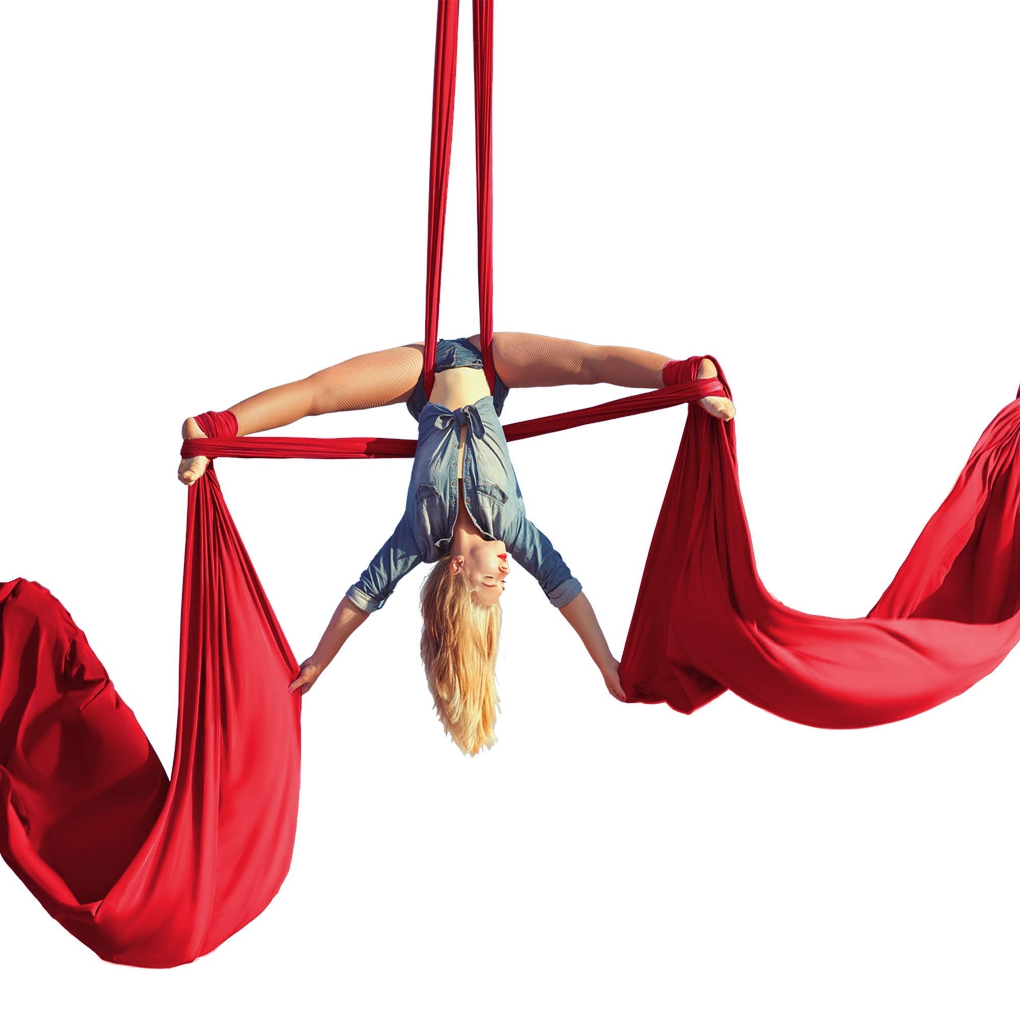 Aerial Silks: Leg-split in the air performed by a female aerialist, Recreational yoga. 2000x2000 HD Background.