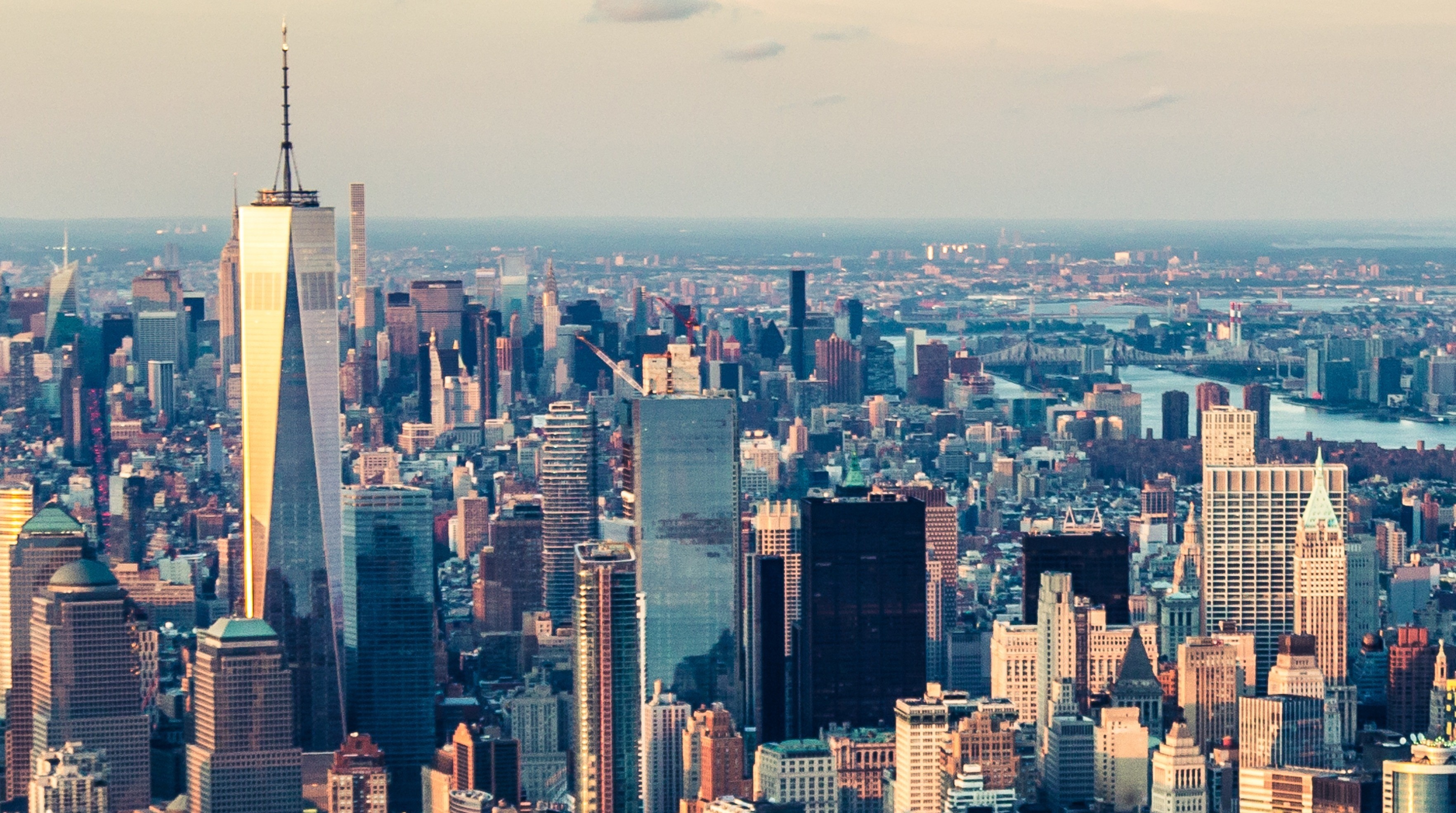 City: New York, One World Trade Center, Manhattan, Central borough of the megapolis. 3530x1970 HD Background.