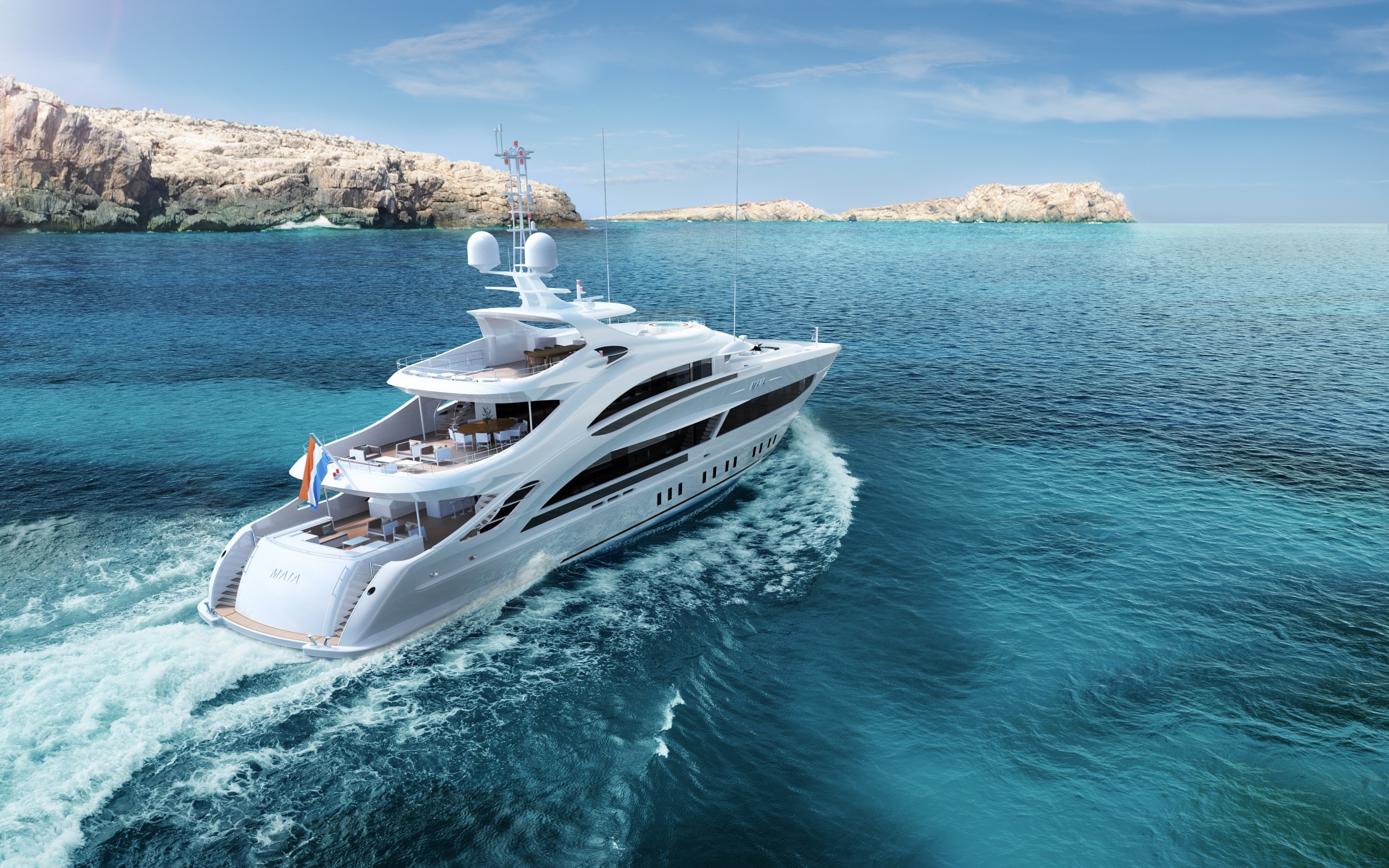 Yacht: Luxury white boat, Maia, Bay, Seascape, Pleasure cruising. 2880x1800 HD Background.