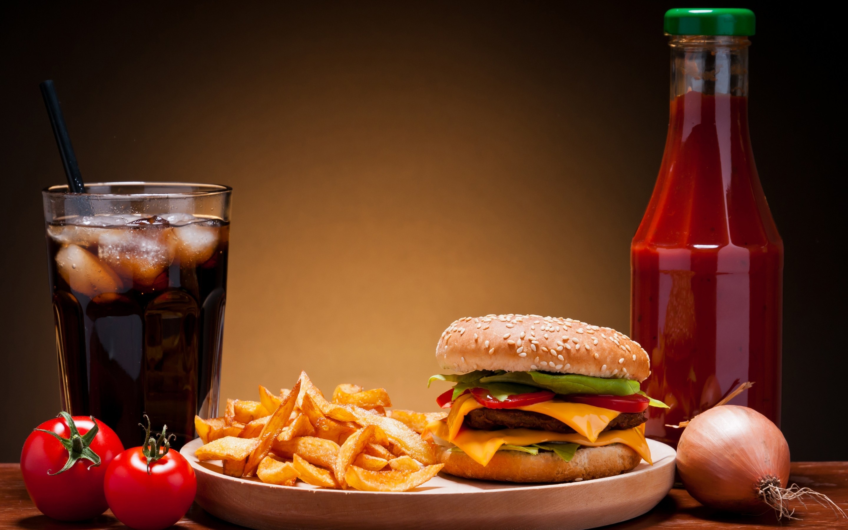 Hamburger: Served with various garnishes, Cola, Ketchup, French fries. 2880x1800 HD Background.
