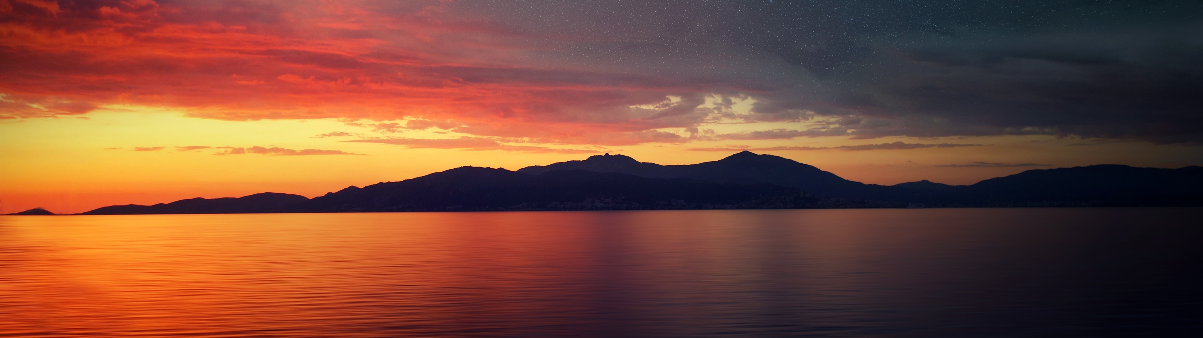 Corsica Island, Sunset silhouette, Landscape astronomy, Nature, 3840x1080 Dual Screen Desktop