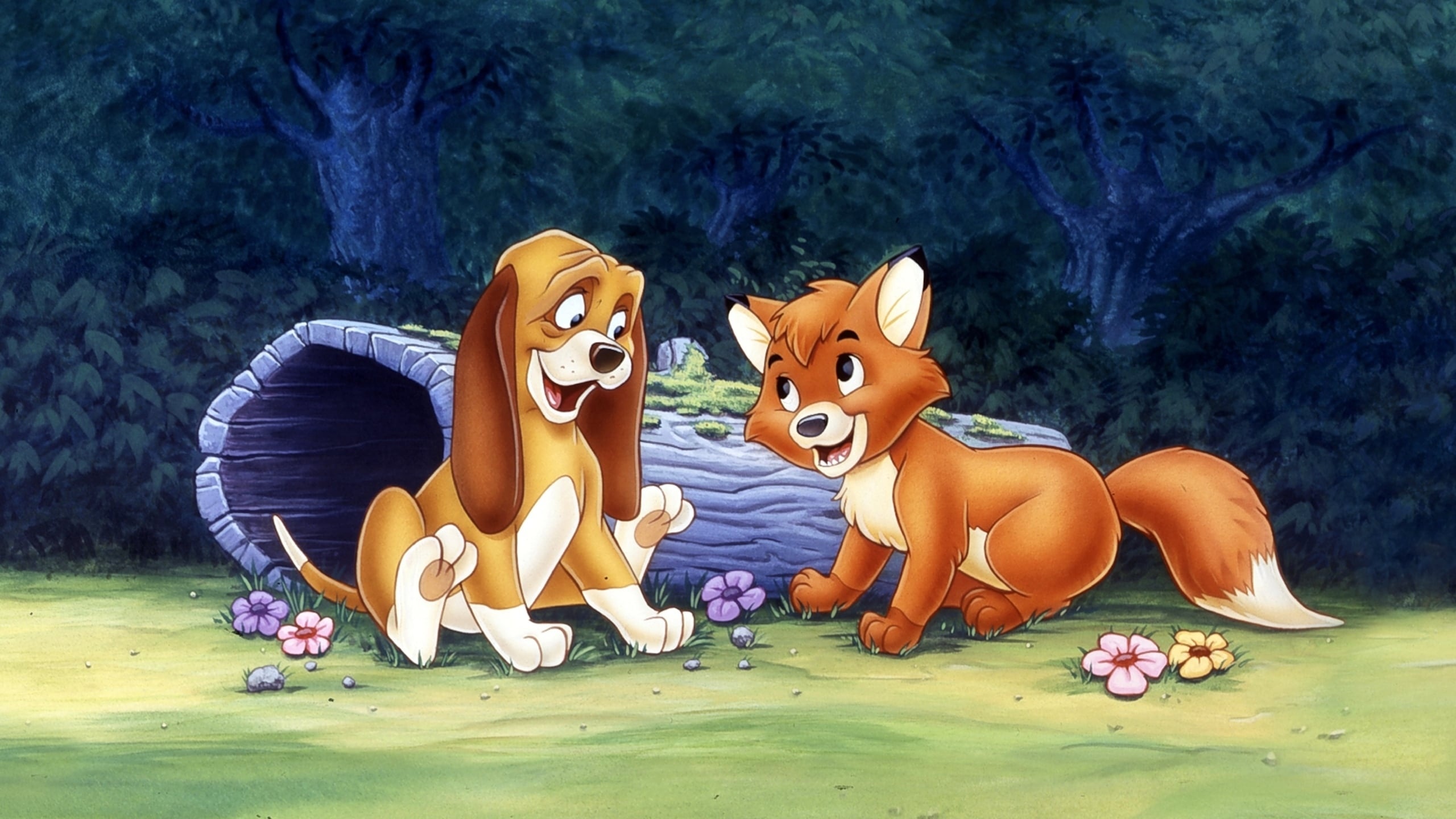 The fox and two babies. Лис и пёс 1981. Лис и охотничий пес 1981. Лис и пес Дисней.