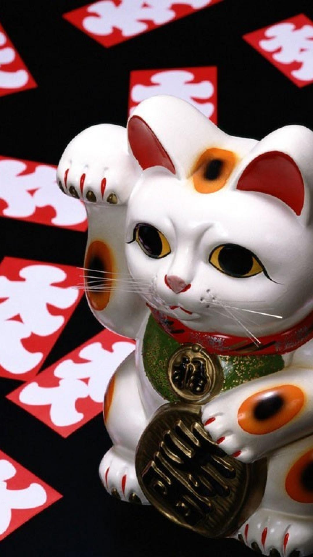 Japanese Lucky Cat, iPhone Wallpapers, Whimsical Designs, Maneki Neko Backgrounds, 1080x1920 Full HD Handy
