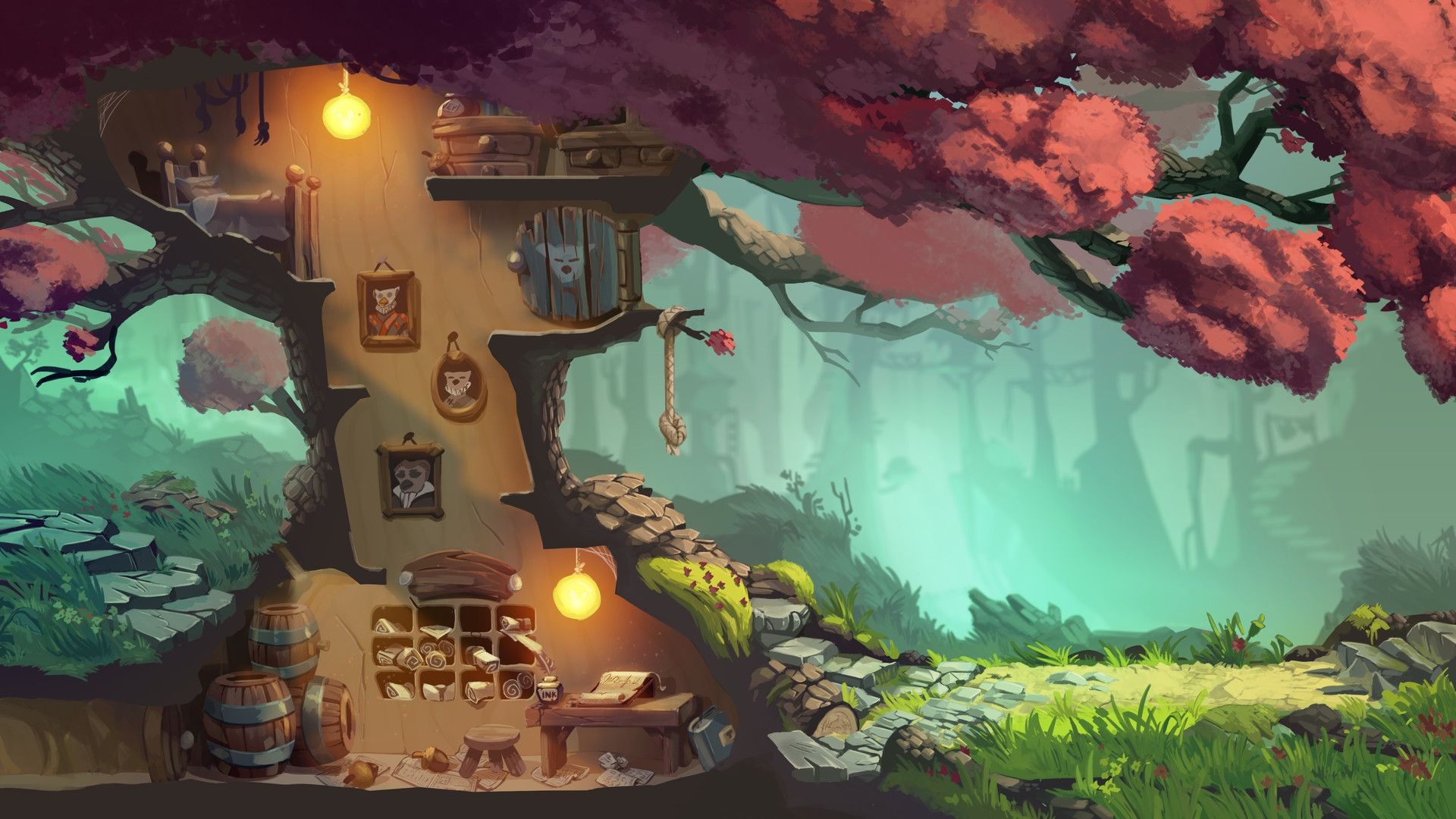 Platform Game, Tree house artwork, 2D game background, 1920x1080 Full HD Desktop
