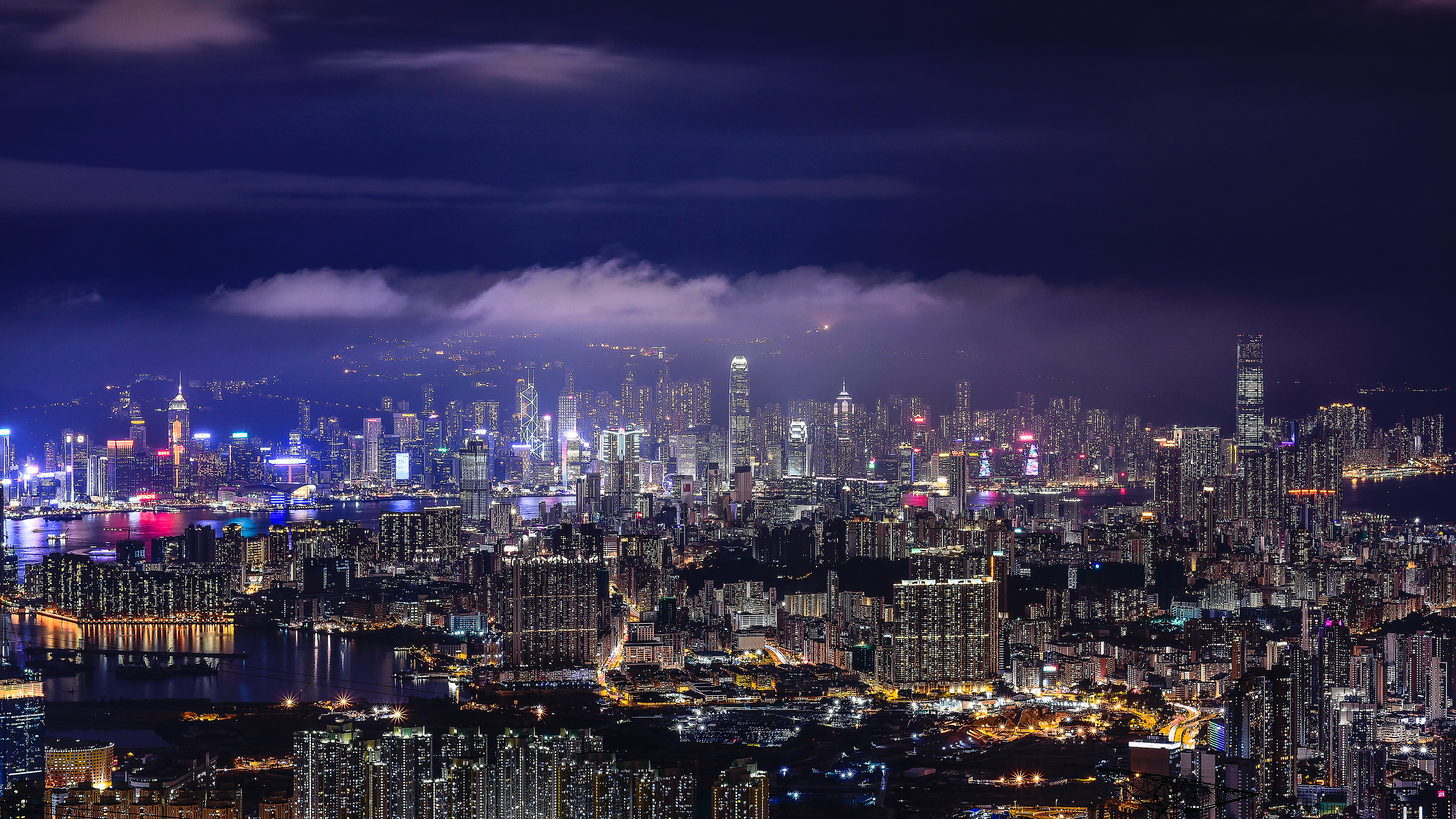Hong Kong Skyline, Night city lights, Urban metropolis, Skyline beauty, 3840x2160 4K Desktop