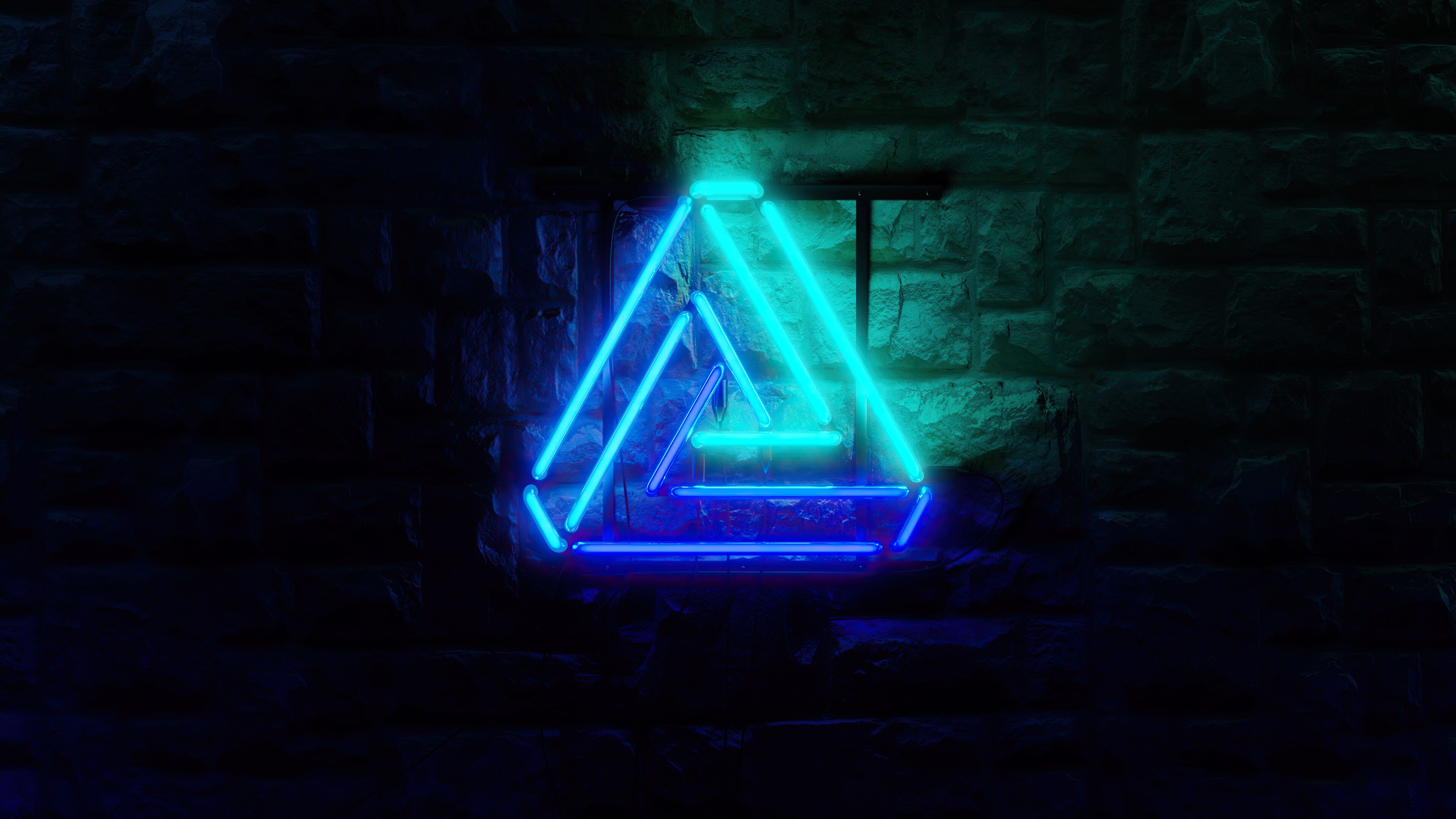 Triangle: Neon lights, Brick wall, Line segments, Penrose triangle. 3840x2160 4K Background.