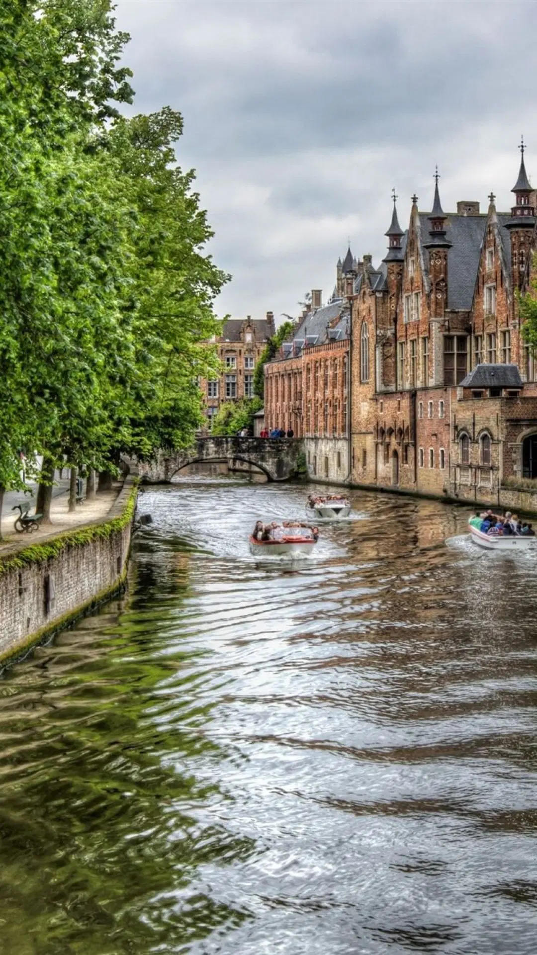 Bruges river boats, City houses, 1080x1930 HD Phone