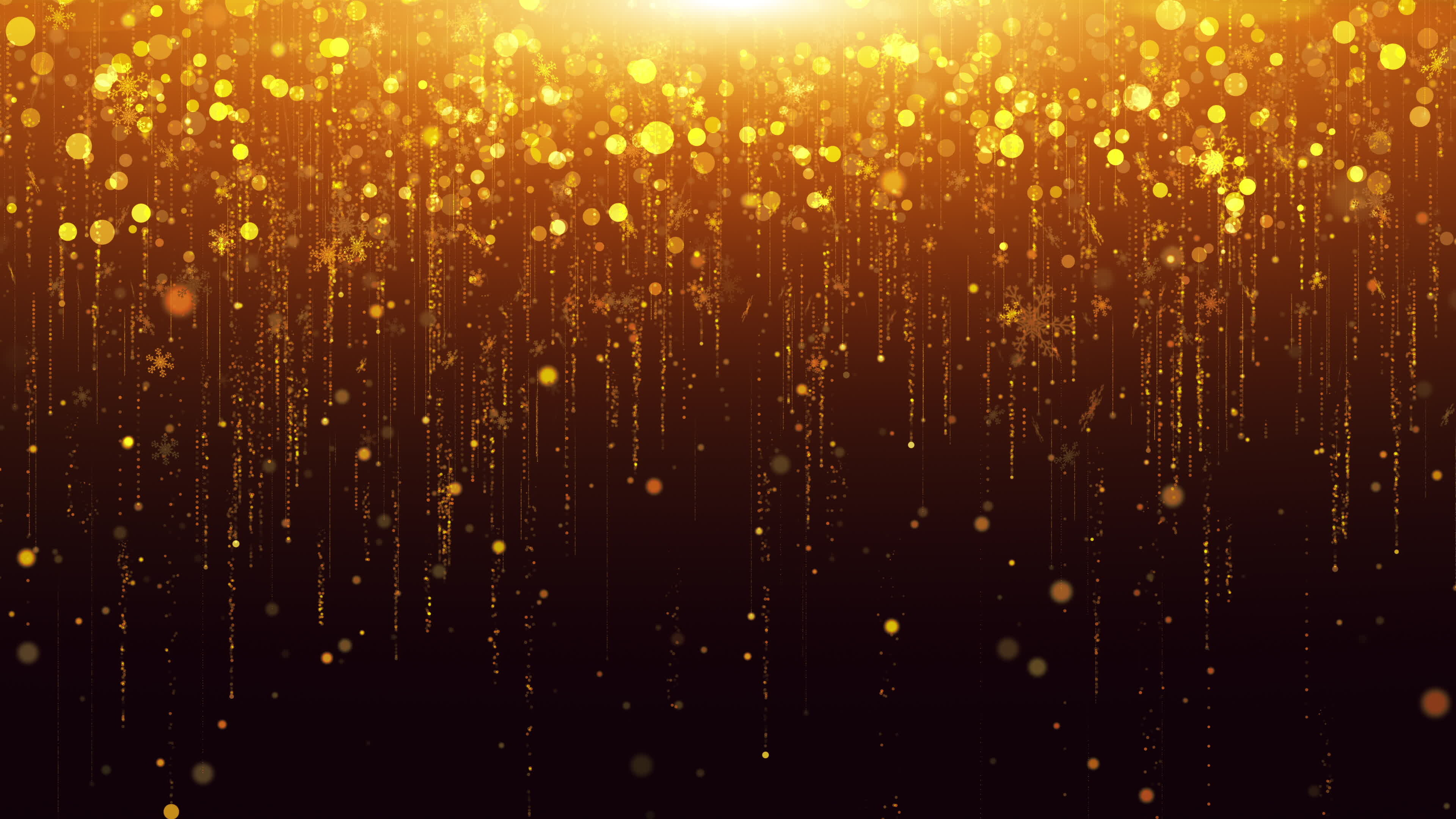 Gold Sparkle: Golden sparkling glitter lines, Bokeh view of colorful holiday lights, Bright light. 3840x2160 4K Wallpaper.
