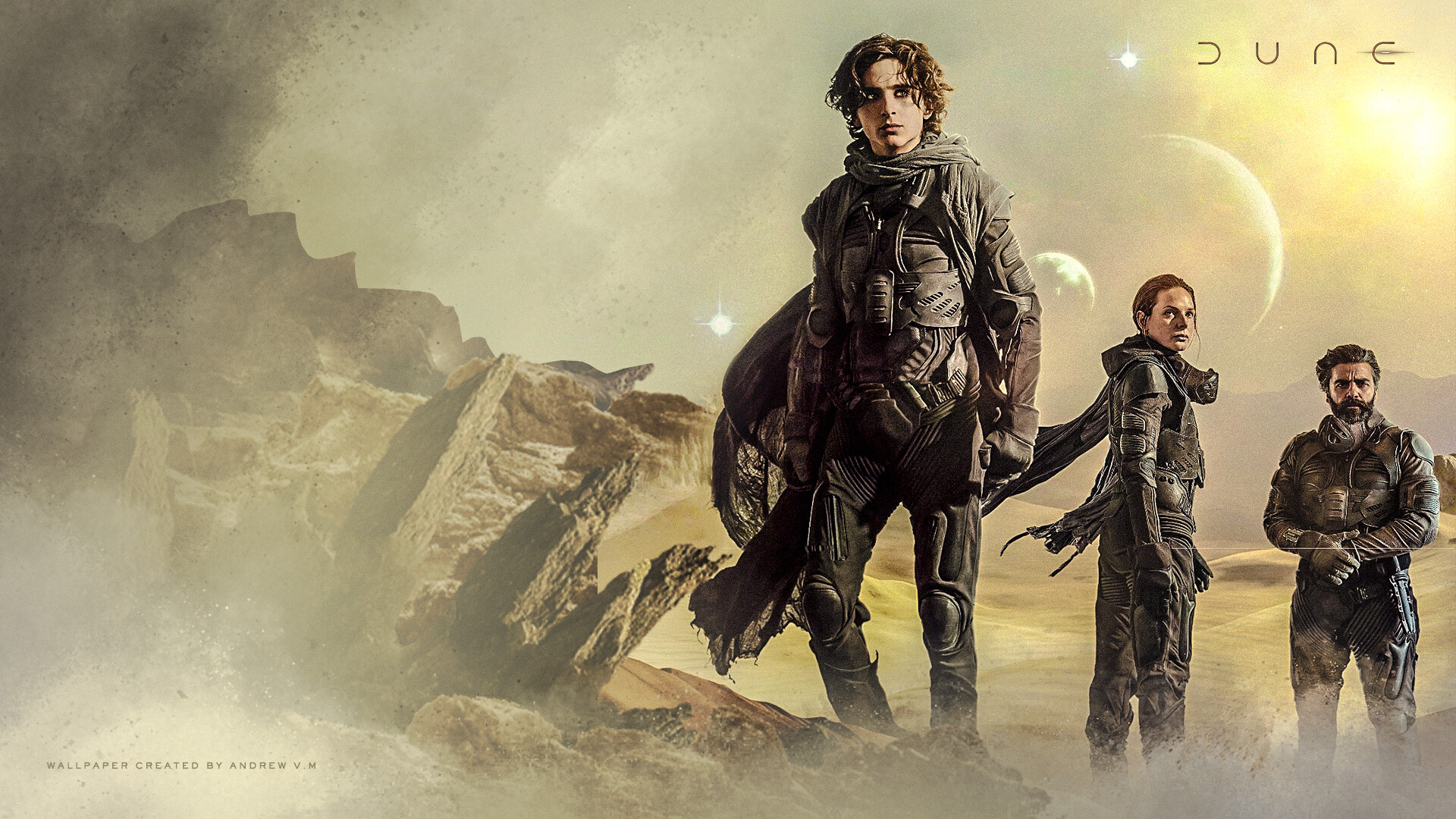 Dune: Part One: Paul Atreides, a brilliant and gifted young man born into a great destiny beyond his understanding, must travel to the most dangerous planet in the universe to ensure the future of his family and his people, Sci-fi. 1920x1080 Full HD Background.