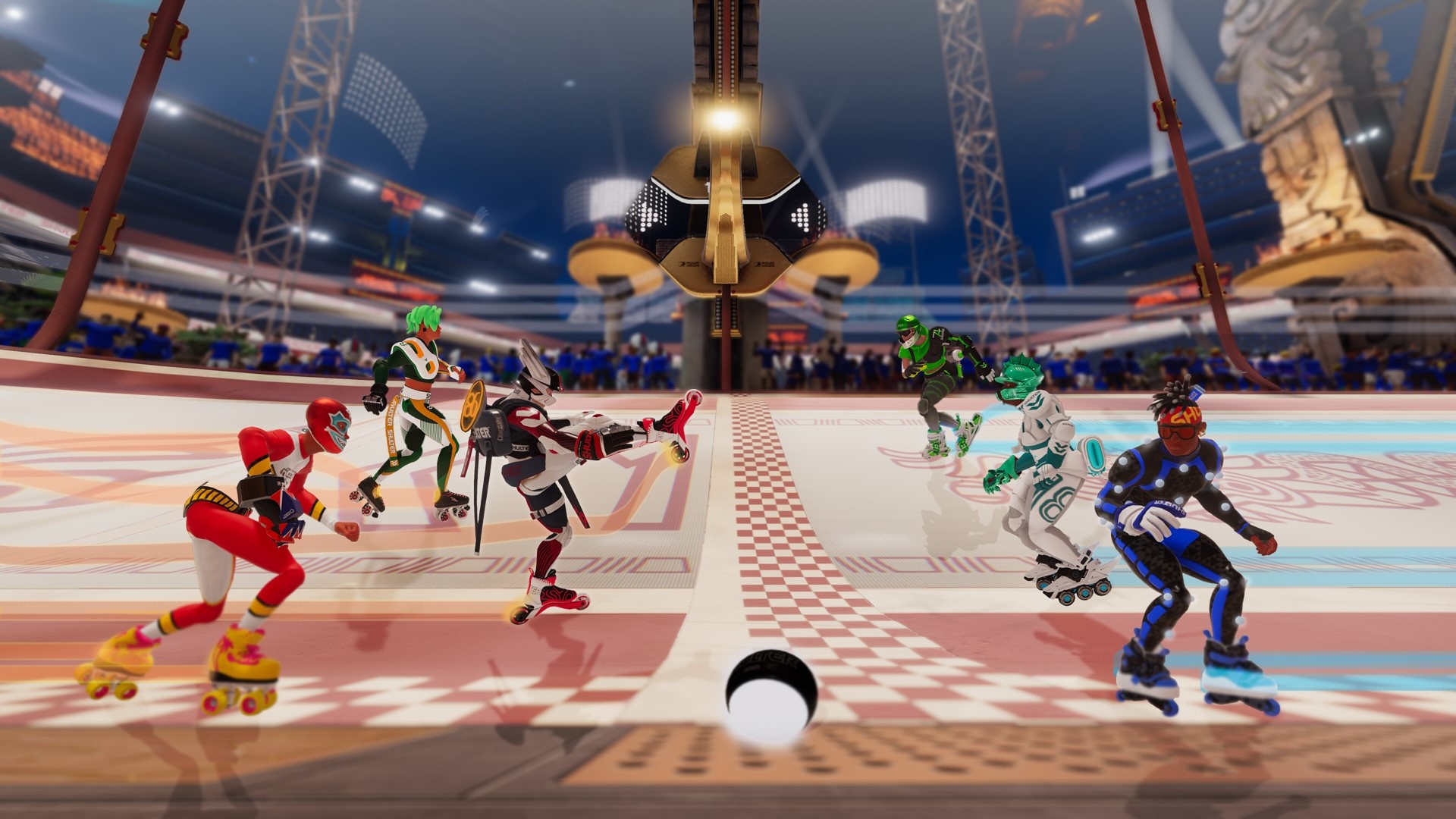 Roller Champions (Game): Gameplay: teams compete to score goals, Free-to-play, Skill-based. 1920x1080 Full HD Background.