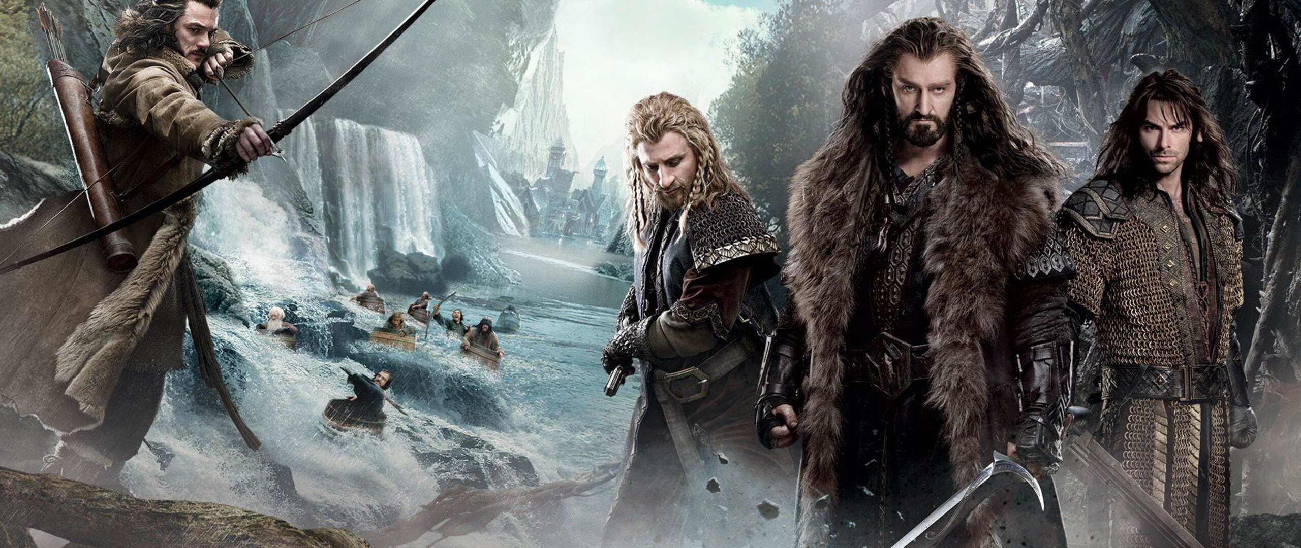 The Hobbit (Movie): The brothers Fili and Kili, The youngest of the thirteen Dwarves who set out with Thorin Oakenshield's company. 2560x1080 Dual Screen Background.