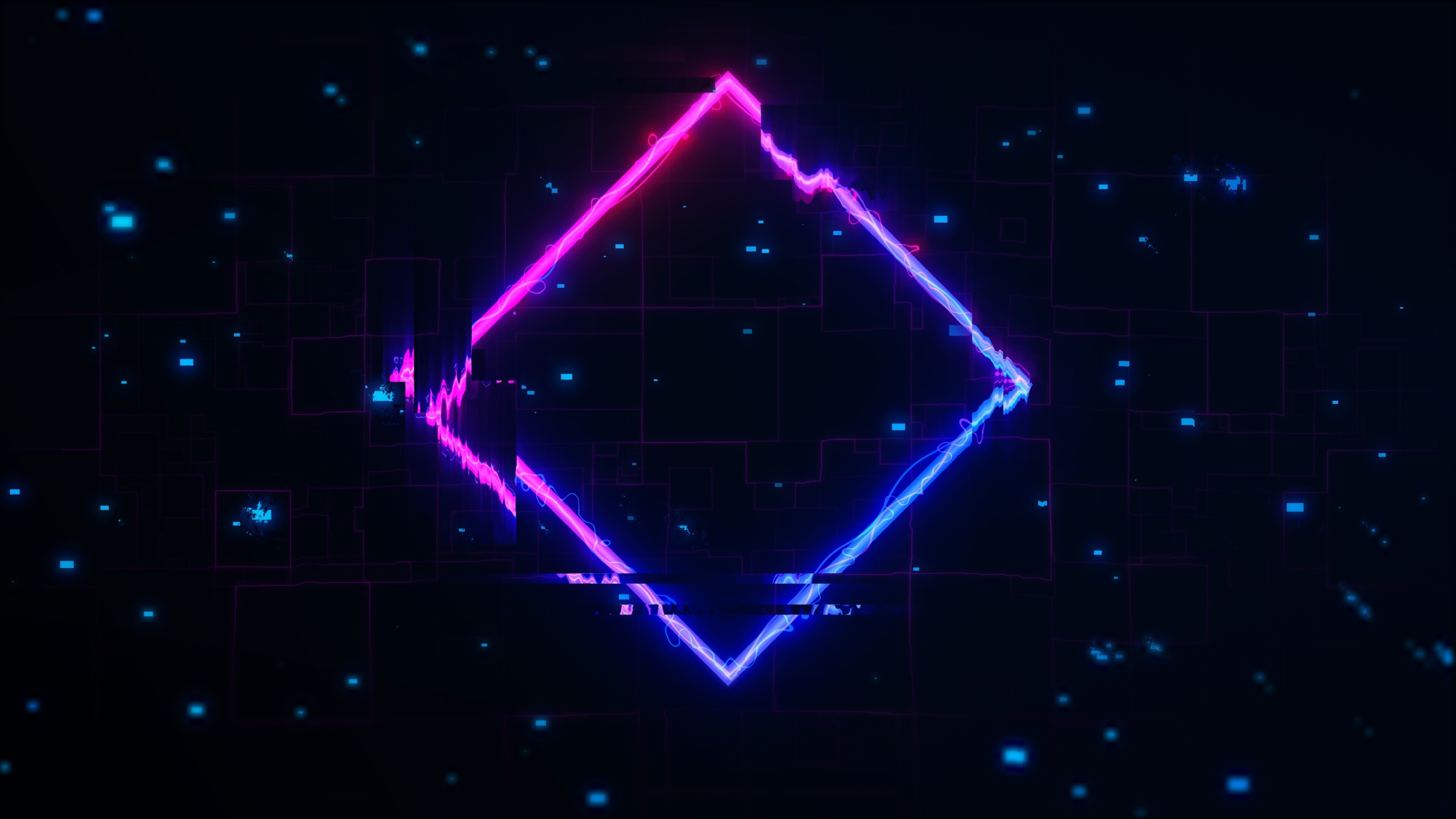 Glitch: Neon square, Chaos, Abstract, Right angles, A short-lived fault in a system. 3840x2160 4K Background.