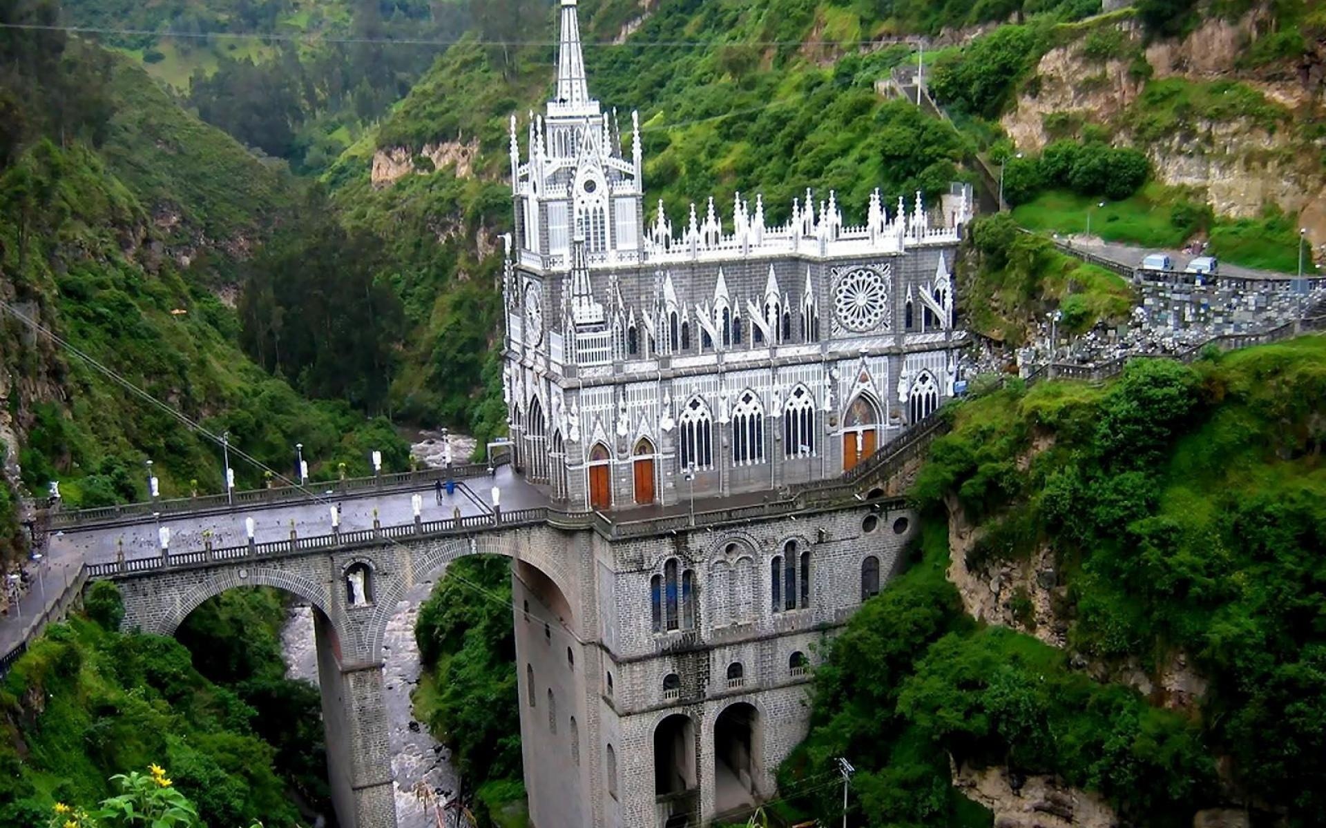 Colombia: Las Lajas Shrine, built inside the canyon of the Guaitara River. 1920x1200 HD Background.