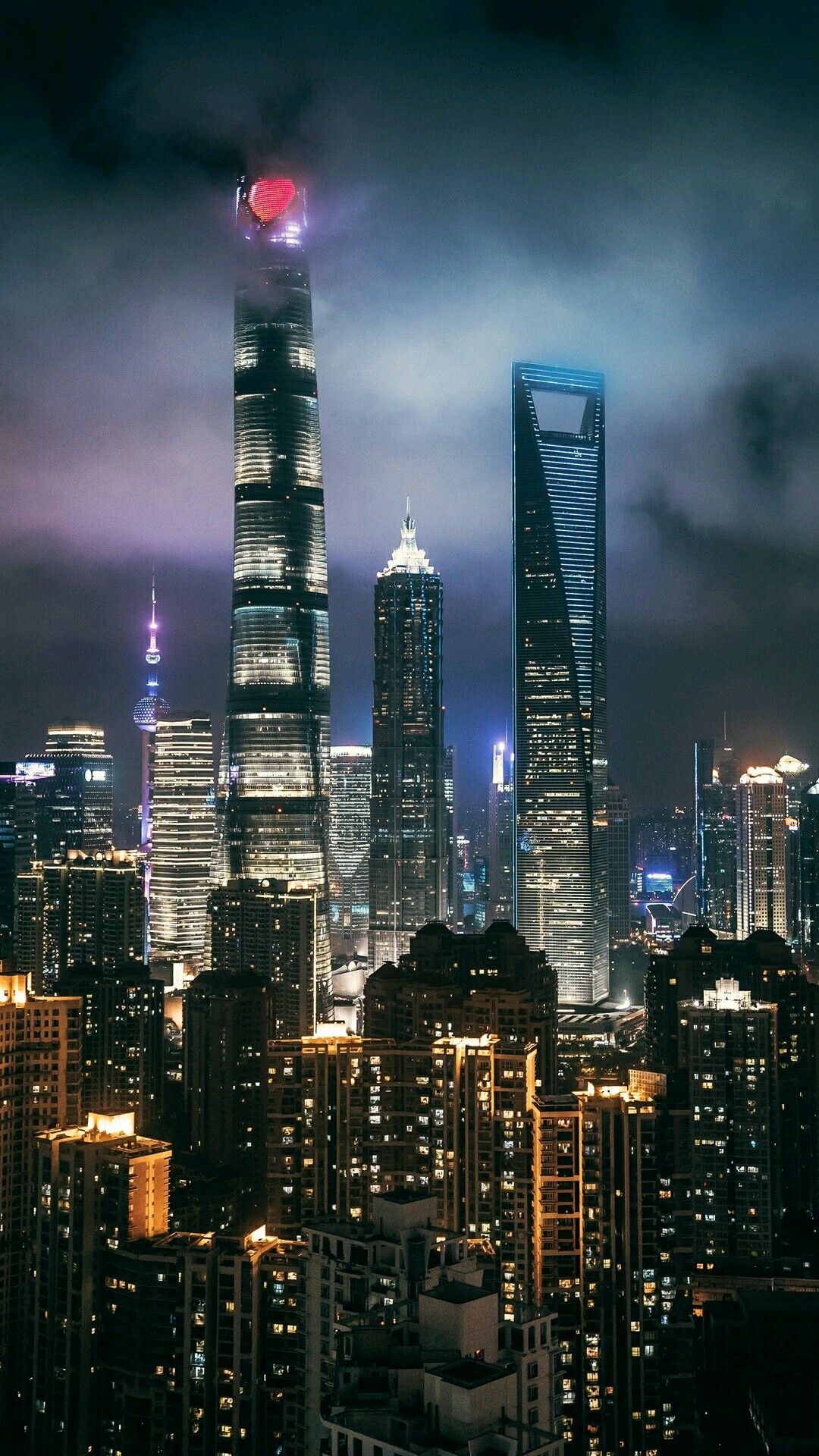 Shanghai Skyline, City night view, Skyscrapers, Stunning wallpaper, 1080x1920 Full HD Handy