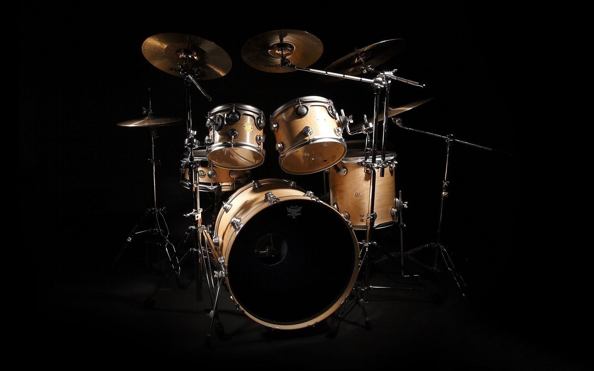 Bass Drum: A conventional acoustic drum kit, Cymbal stands, Hi-hat stand. 1920x1200 HD Background.