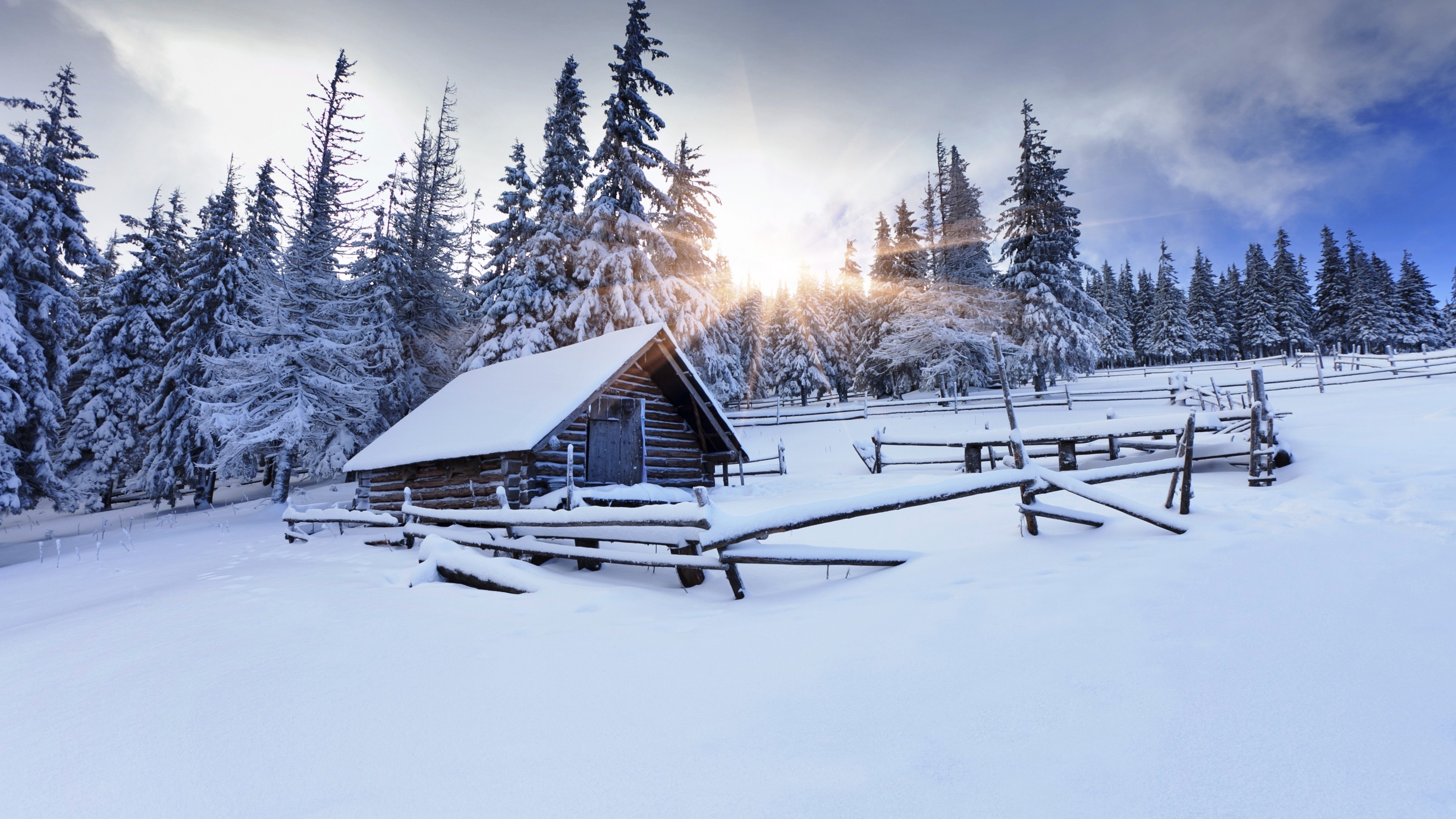 Log Cabin, Winter wonderland, Snowy village, Alpine paradise, Mountain escape, 3840x2160 4K Desktop