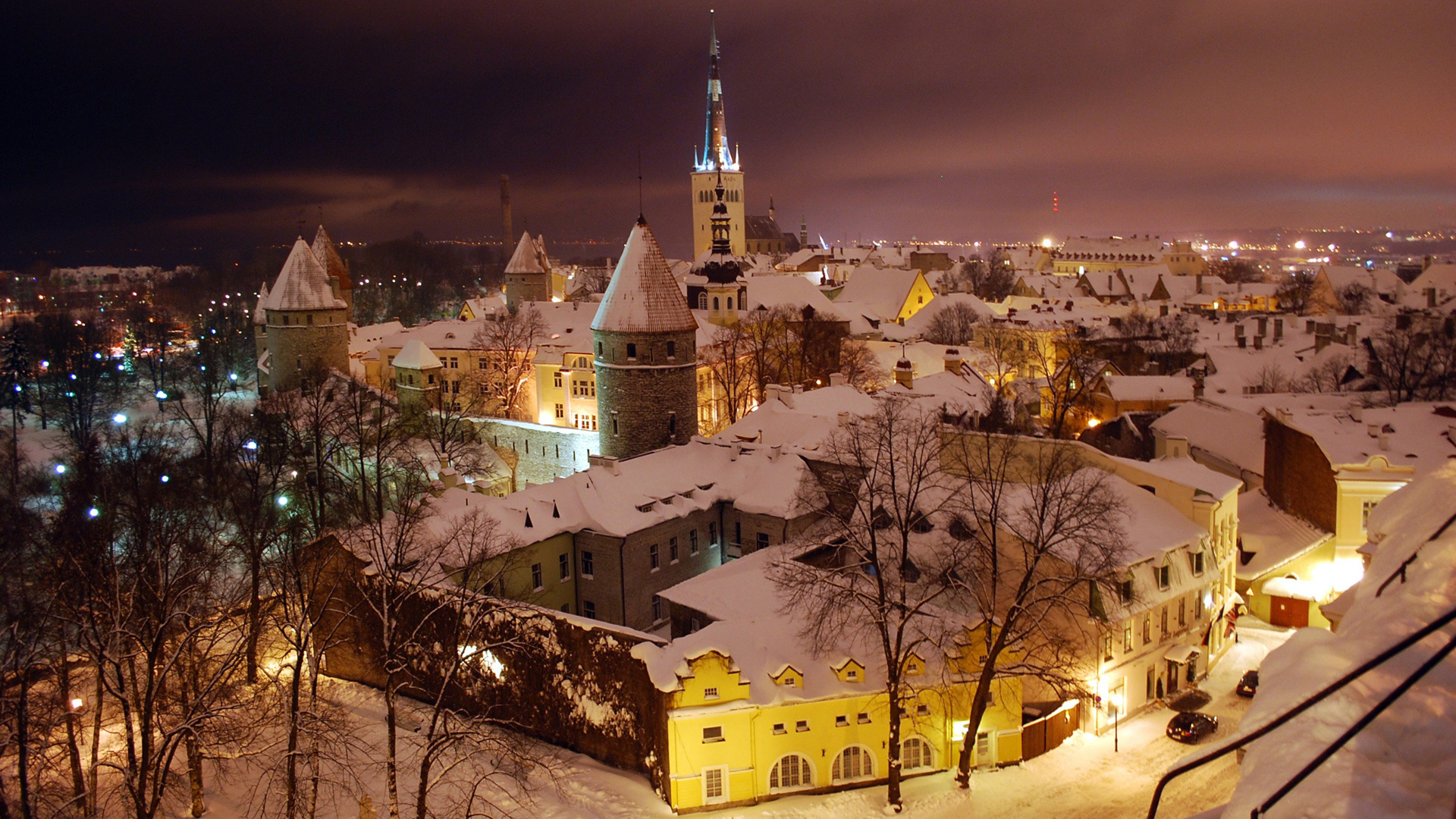 Tallinn winter night, Cityscape, Snowy scenery, Estonia, 1920x1080 Full HD Desktop