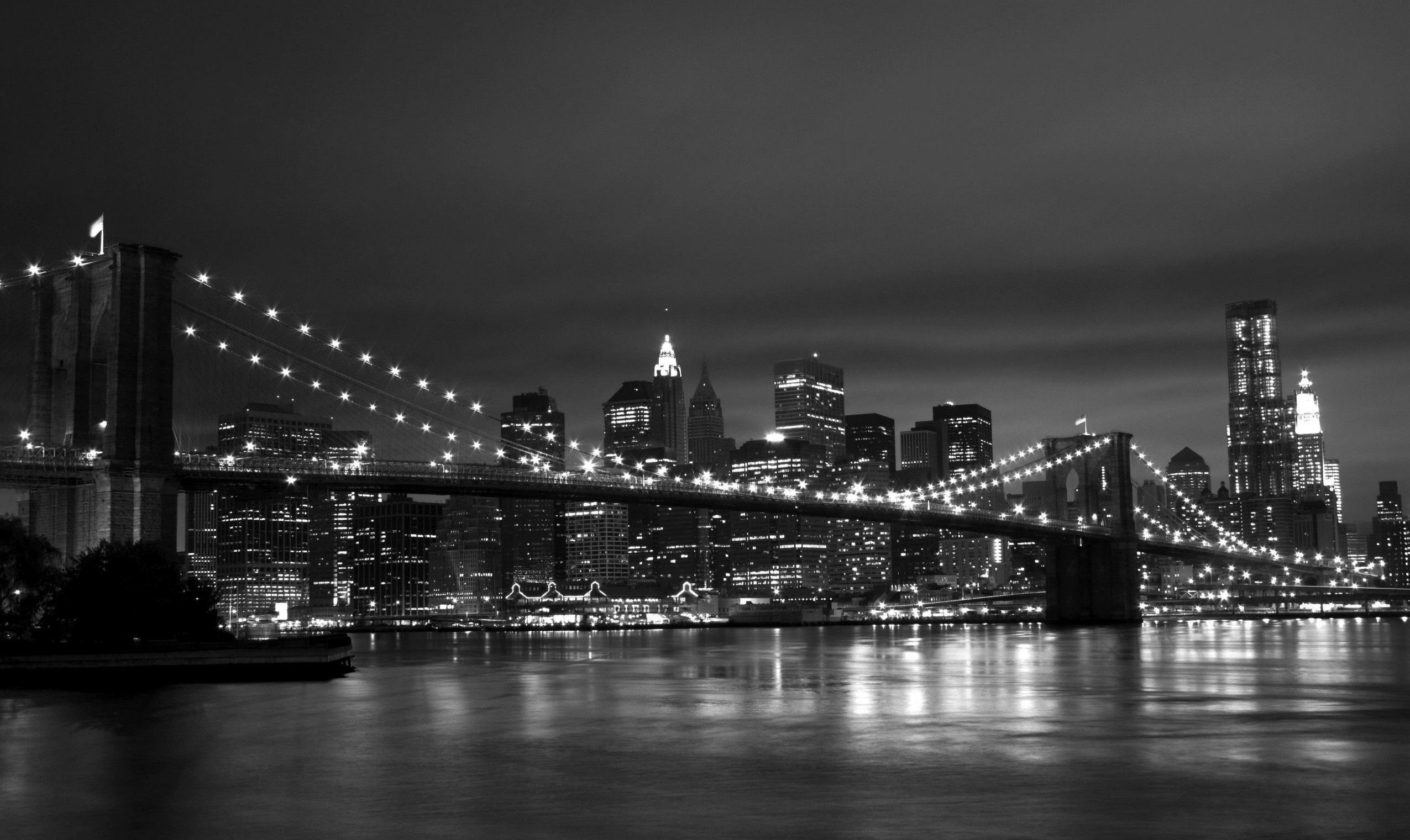 Brooklyn Bridge at night, Black and white design, Designer splashback, Cameo glass, 2560x1530 HD Desktop