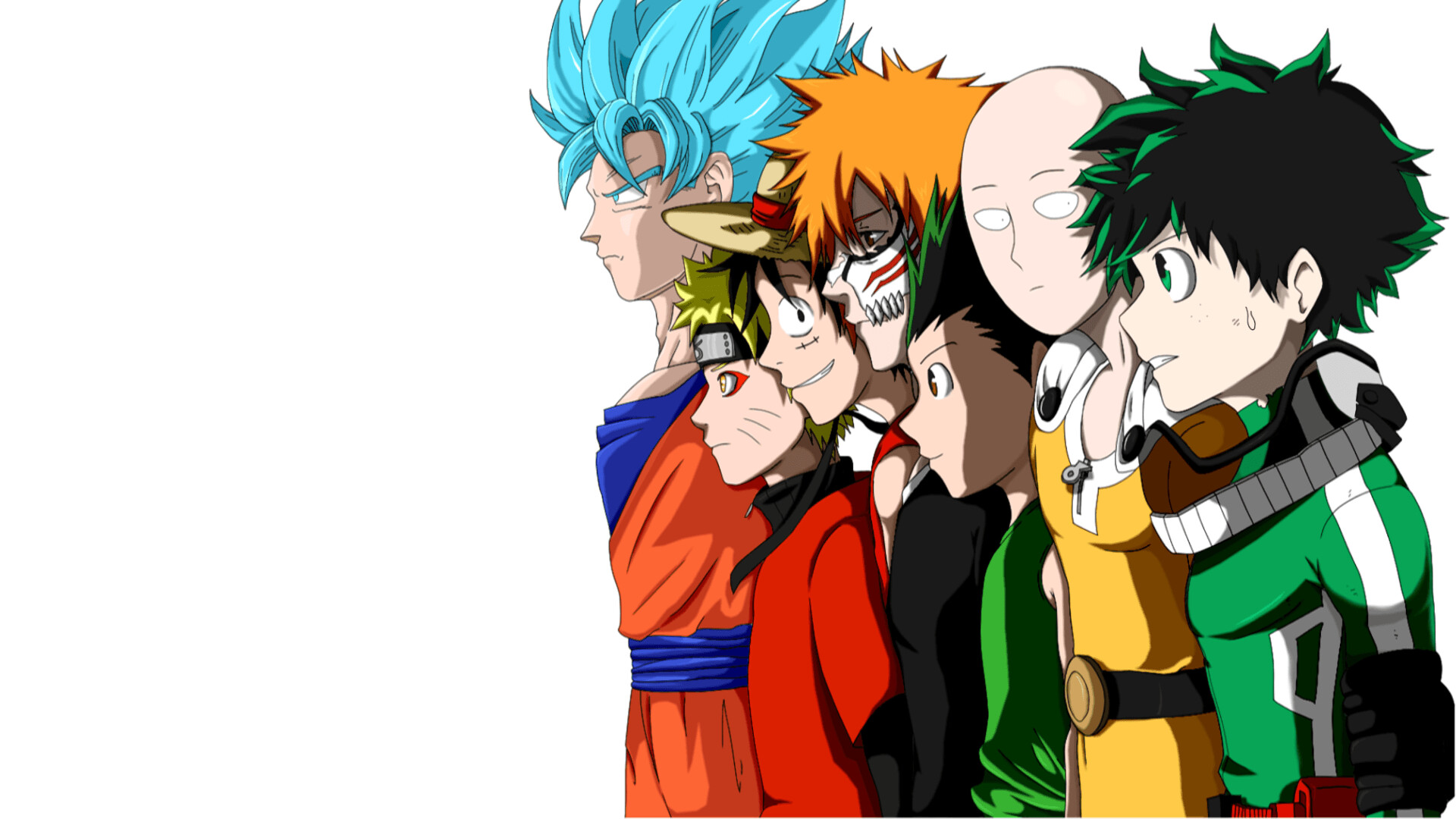 Goku and Naruto: Manga series, Monkey D. Luffy, Son Goku, Naruto Uzumaki, Izuku Midoriya, Fictional characters. 1920x1080 Full HD Background.