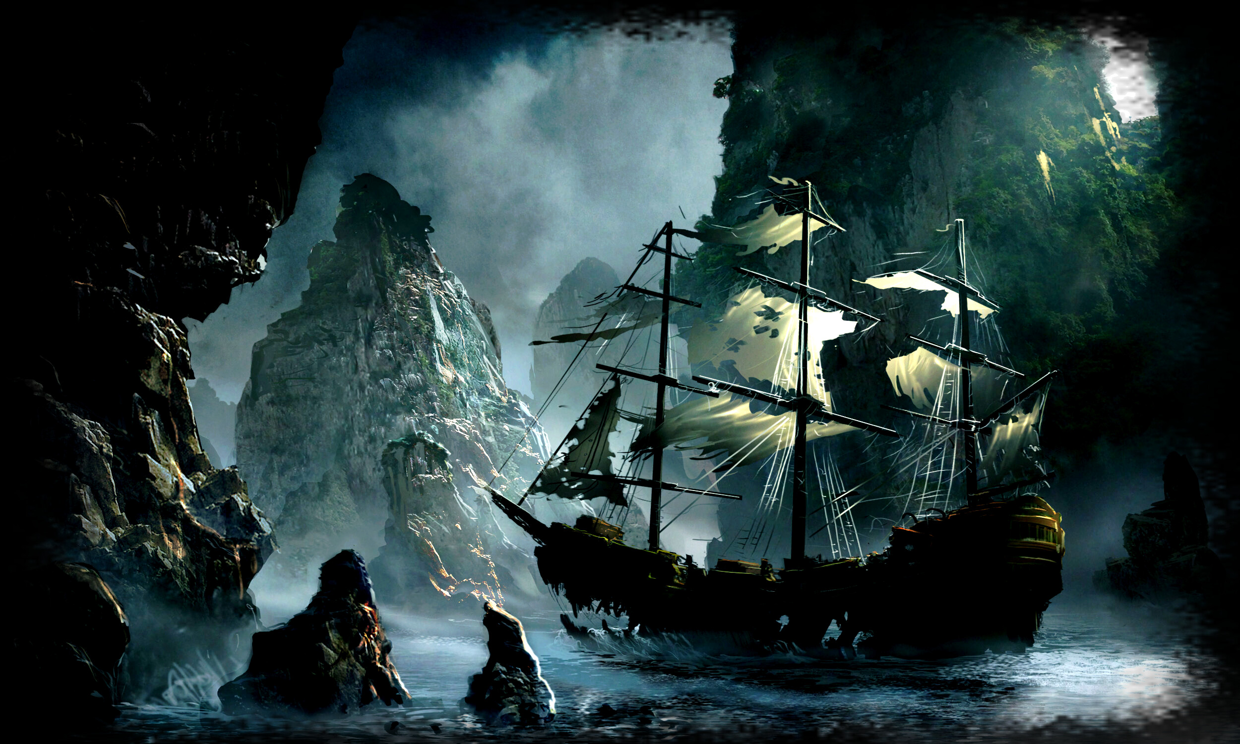 Ghost Ship: A shipwreck at the coast of the ocean, The front part of a commercial vessel. 2500x1500 HD Background.