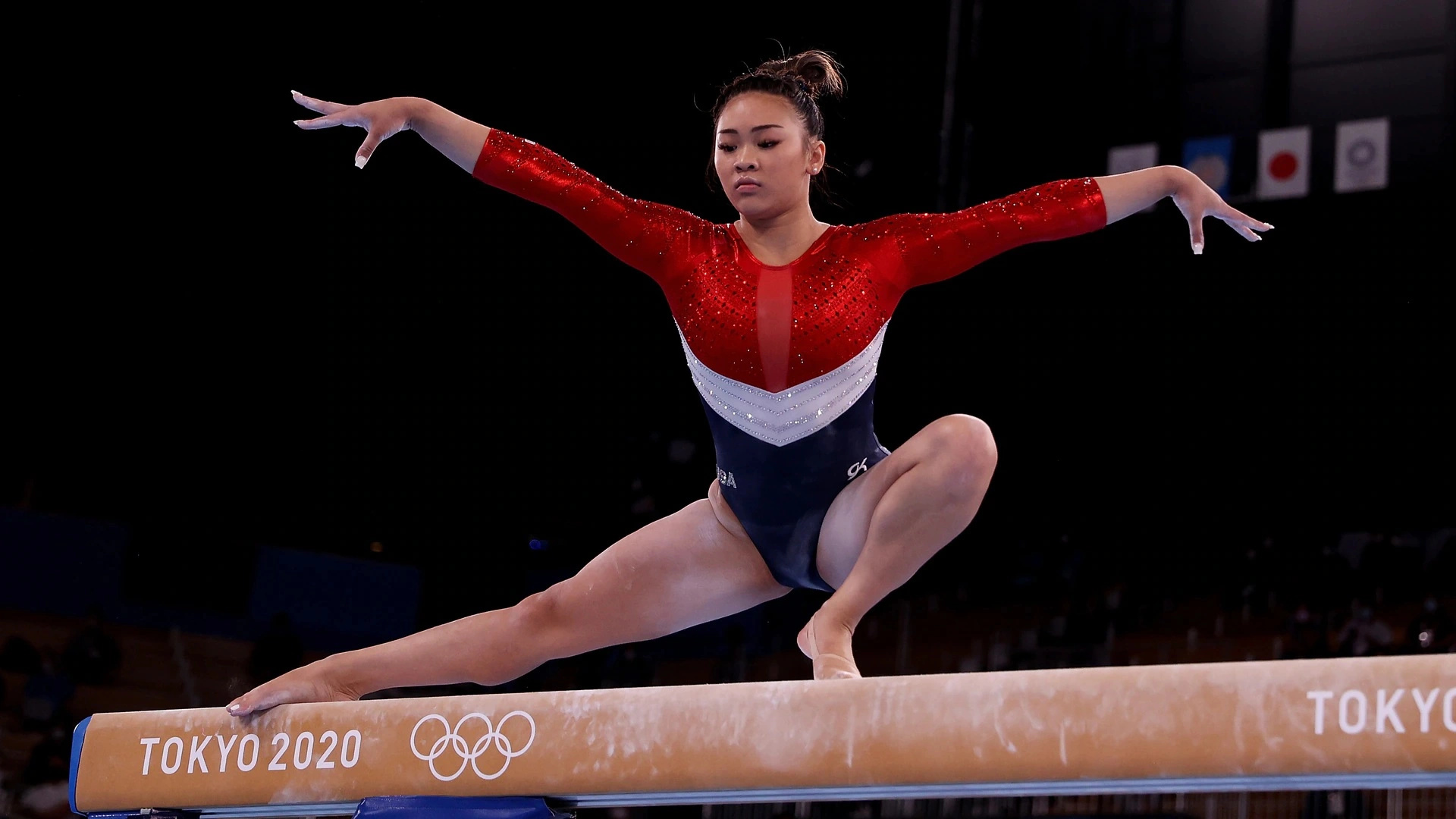 Balance Beam: Suni Lee, The 2020 Tokyo Summer Olympics all-around champion and uneven bars bronze medalist. 1920x1080 Full HD Background.